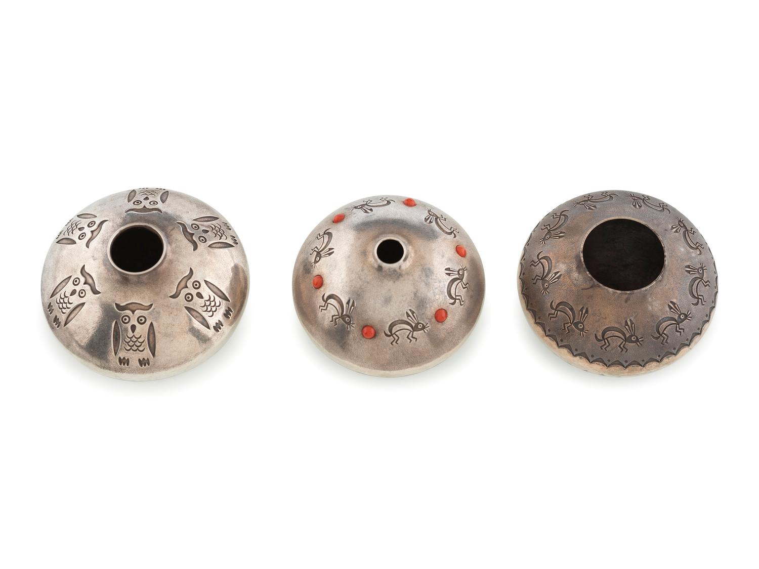 Group of Silver Seed Jars, with Owls and Rabbits