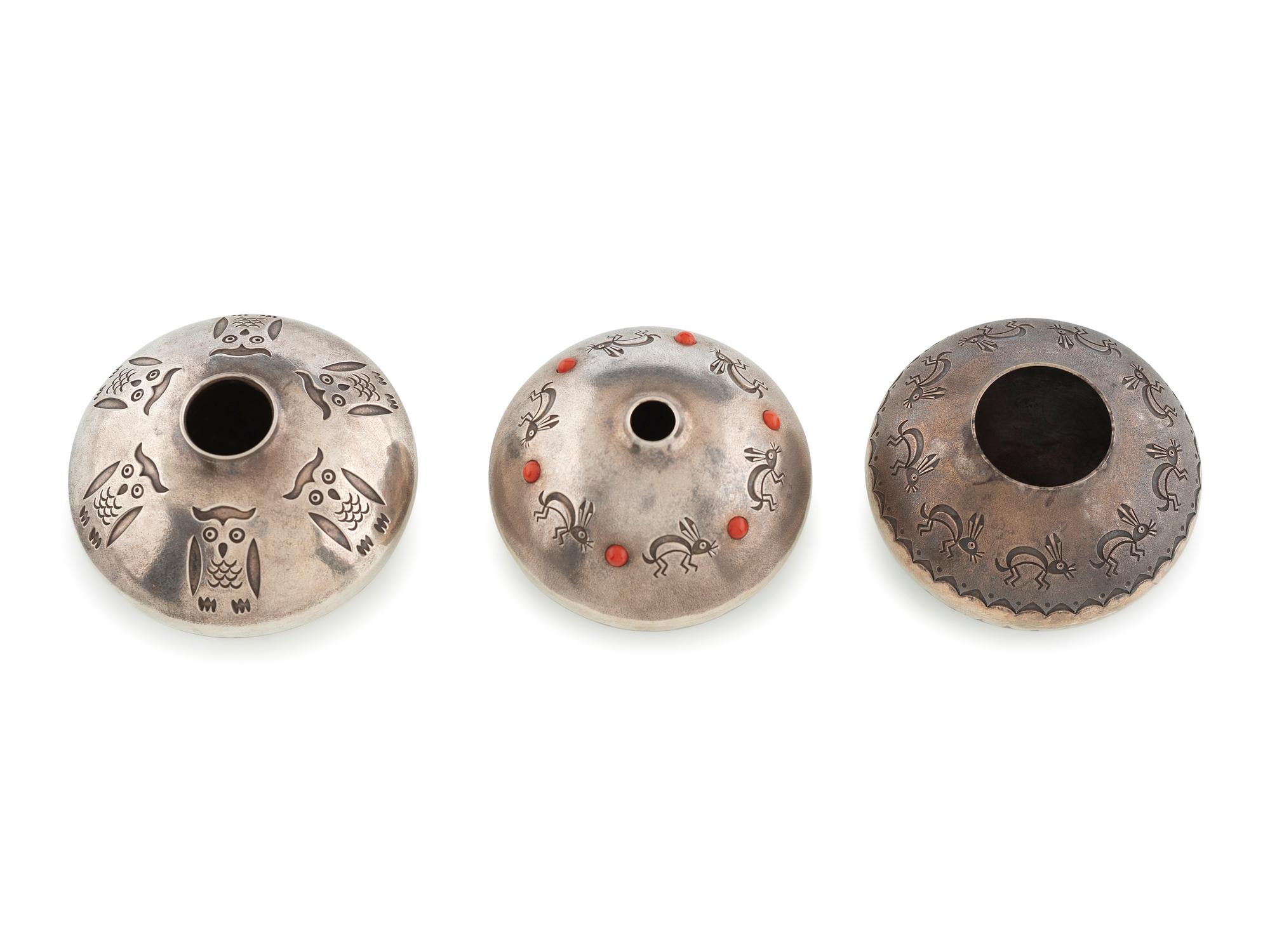 Group of Silver Seed Jars, with Owls and Rabbits