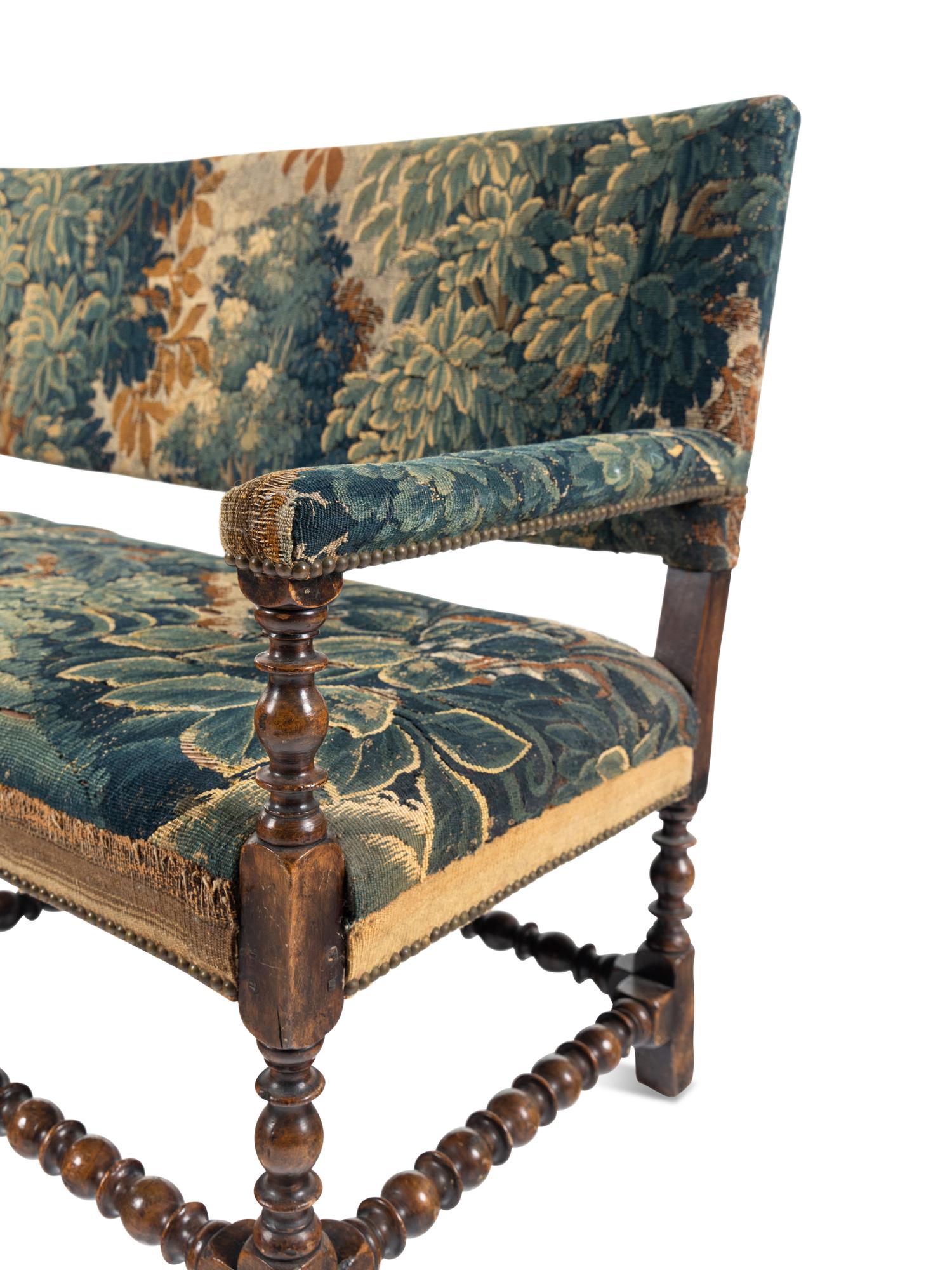 A William and Mary Style Turned Walnut Aubusson Tapestry-Upholstered Bench