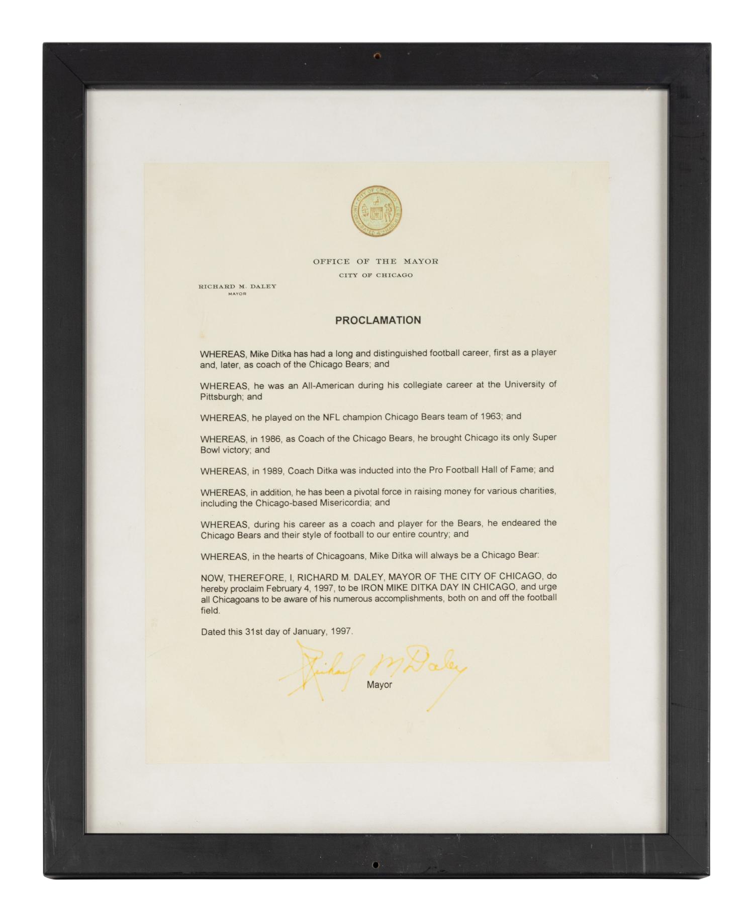 An Iron Mike Ditka Day Proclamation Formerly Displayed at Mike Ditka's Restaurant