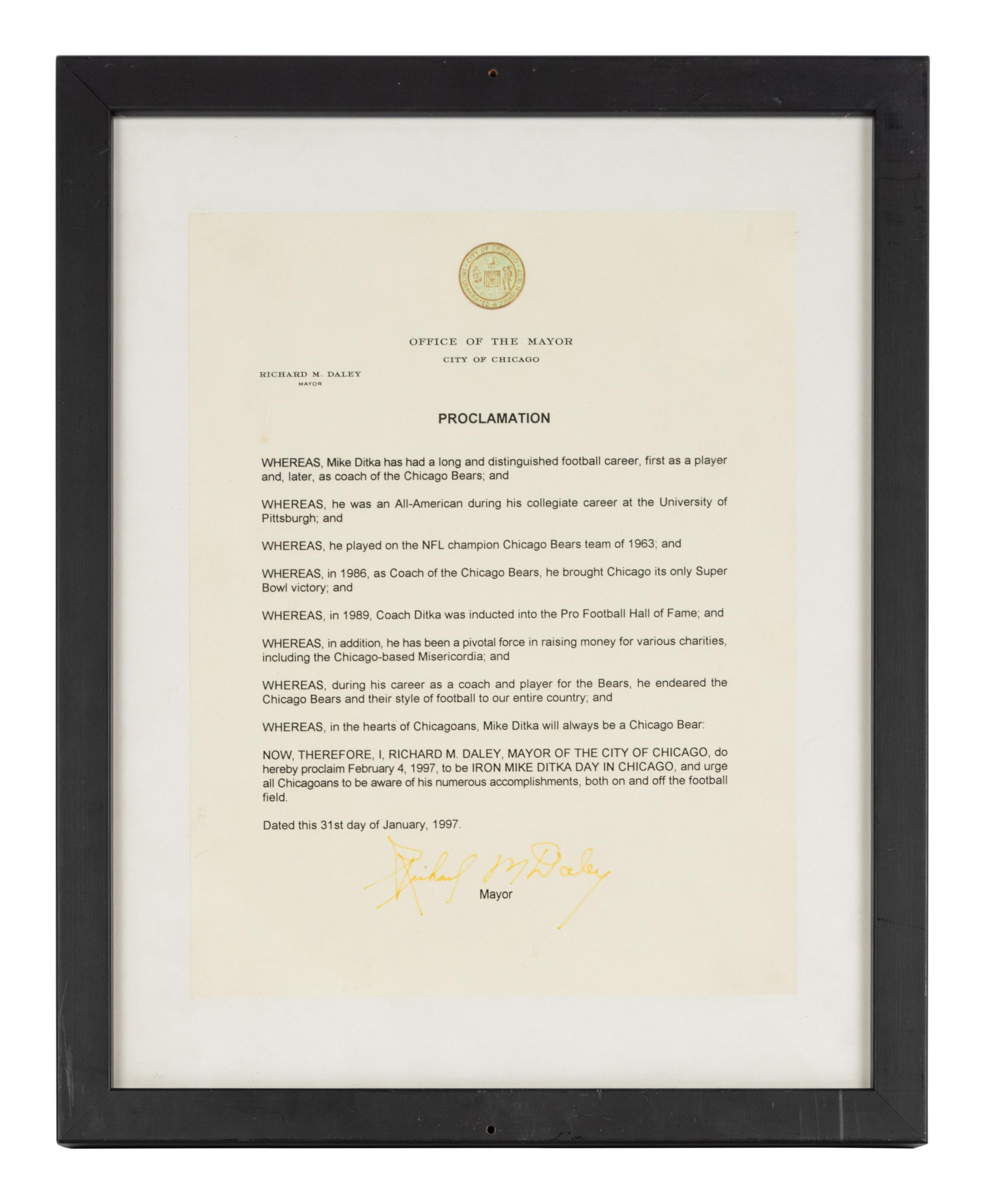 An Iron Mike Ditka Day Proclamation Formerly Displayed at Mike Ditka's Restaurant