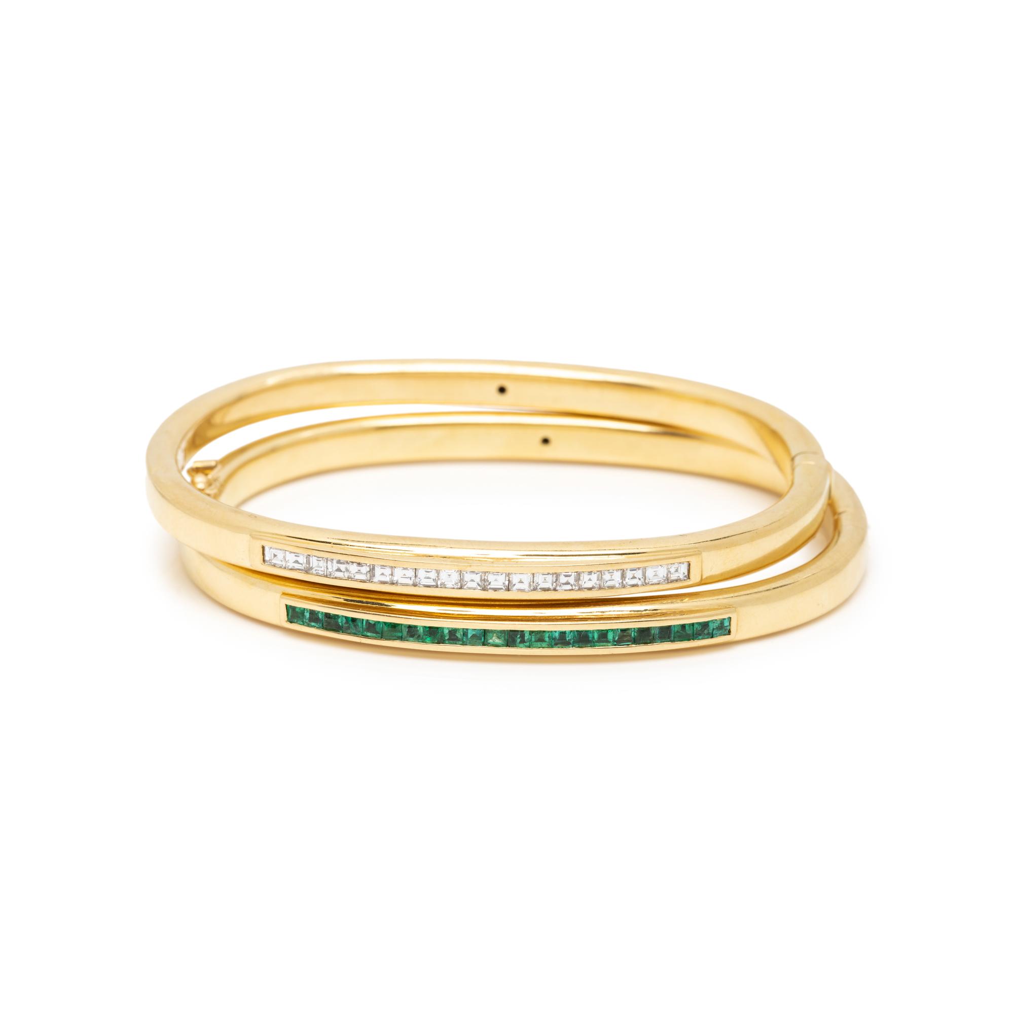PAIR OF YELLOW GOLD AND GEMSTONE BANGLE BRACELETS
