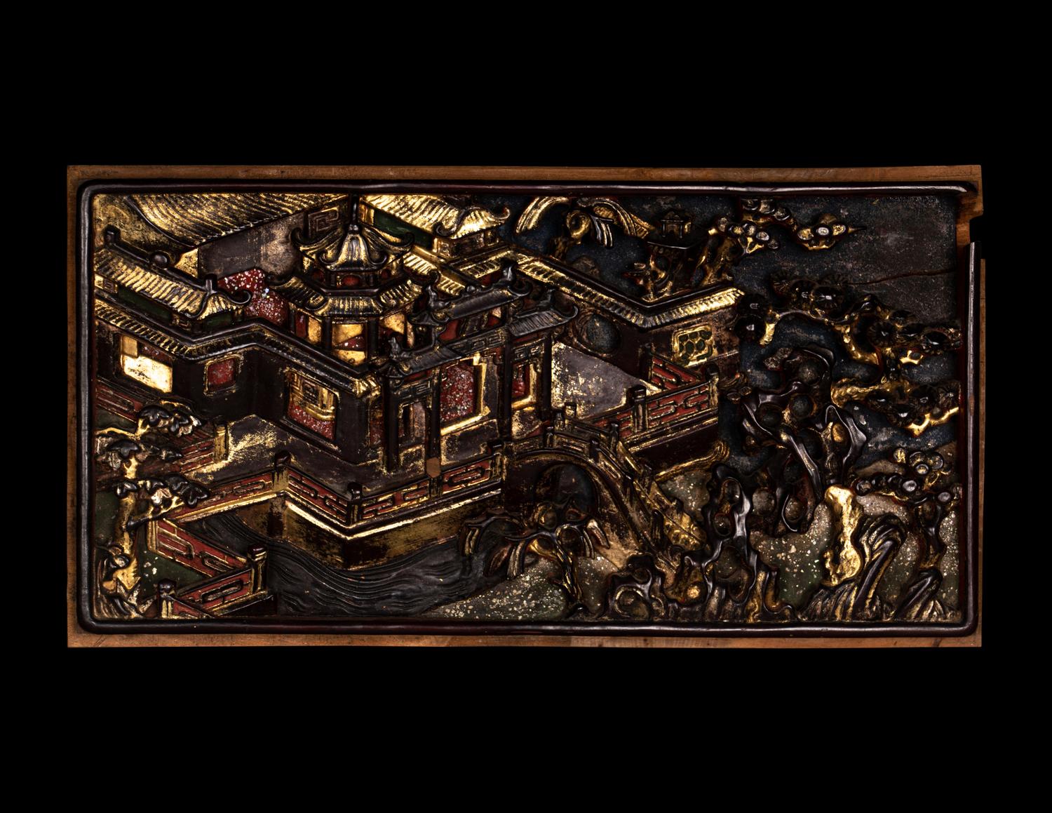 Five Chinese Gilt and Lacquered Carved Wood Panels
