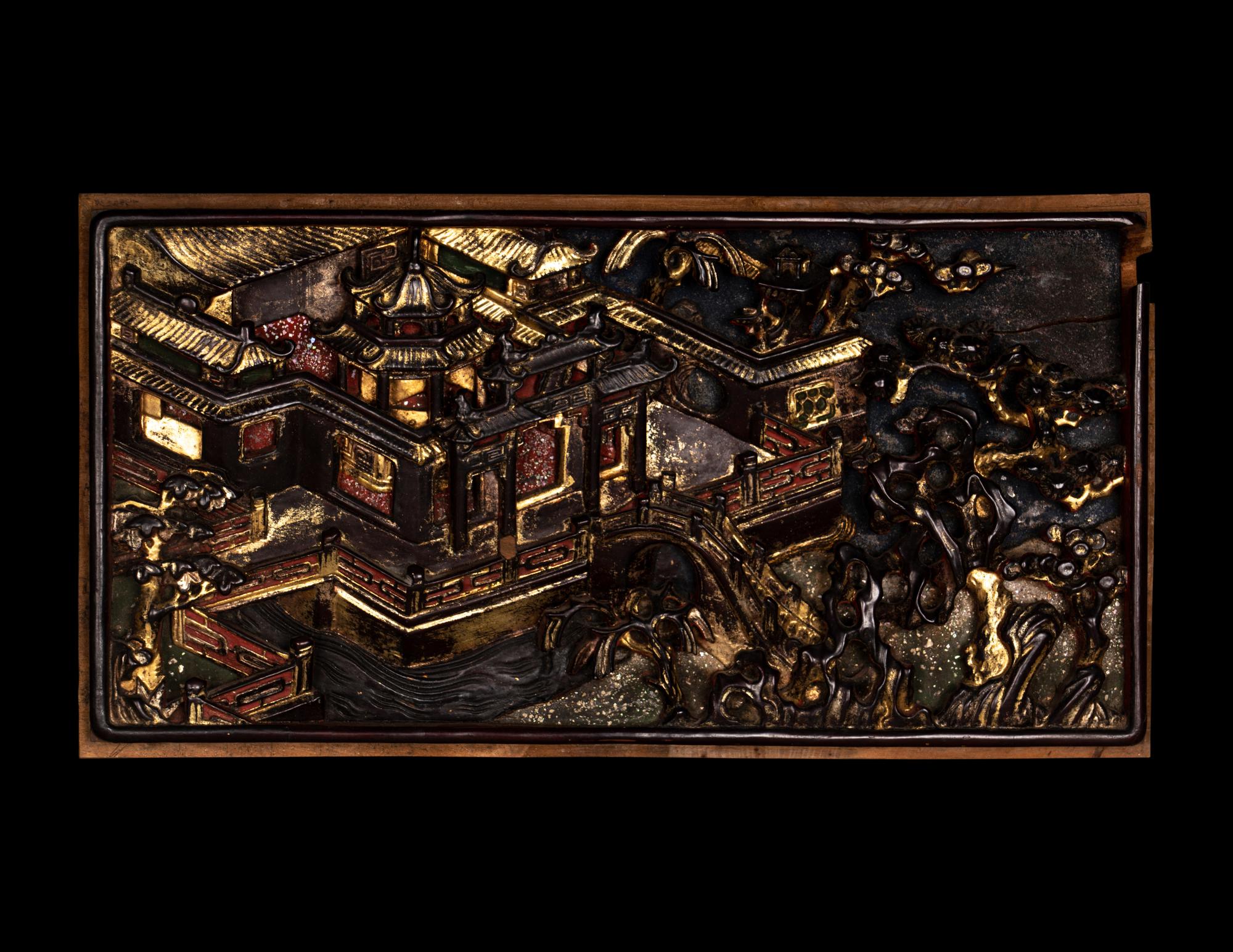 Five Chinese Gilt and Lacquered Carved Wood Panels