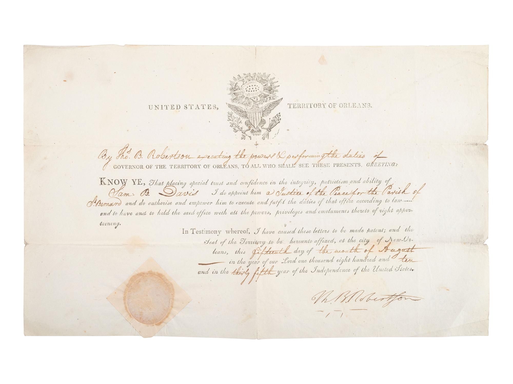 ROBERTSON, Thomas B. (ca 1773-1828). DS ("Th. B. Robertson"). New Orleans, 15 August 1810.