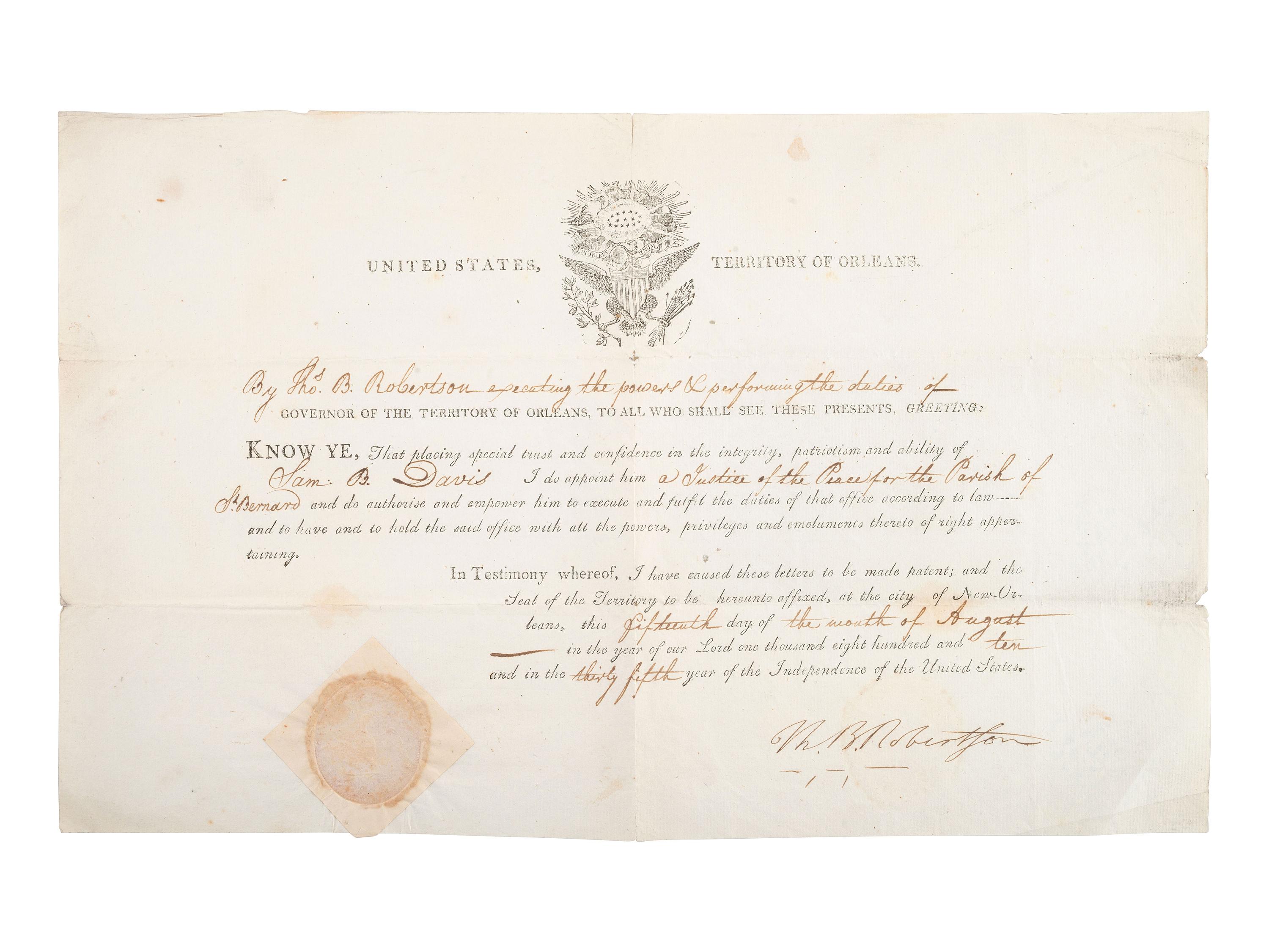 ROBERTSON, Thomas B. (ca 1773-1828). DS ("Th. B. Robertson"). New Orleans, 15 August 1810.