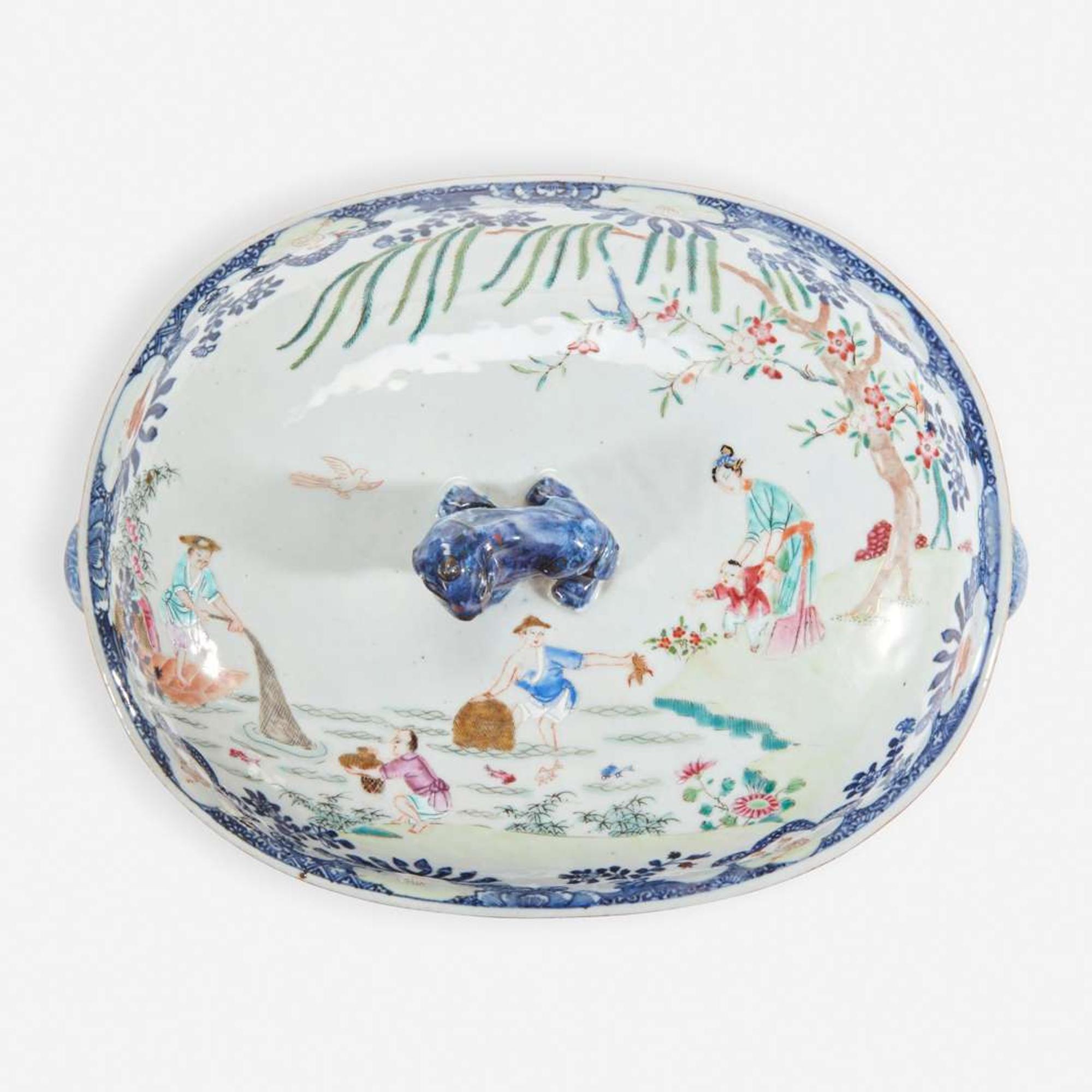 A Chinese Export Porcelain Famille Rose-Decorated 'Fisherman' Tureen and Cover Mid 18th century