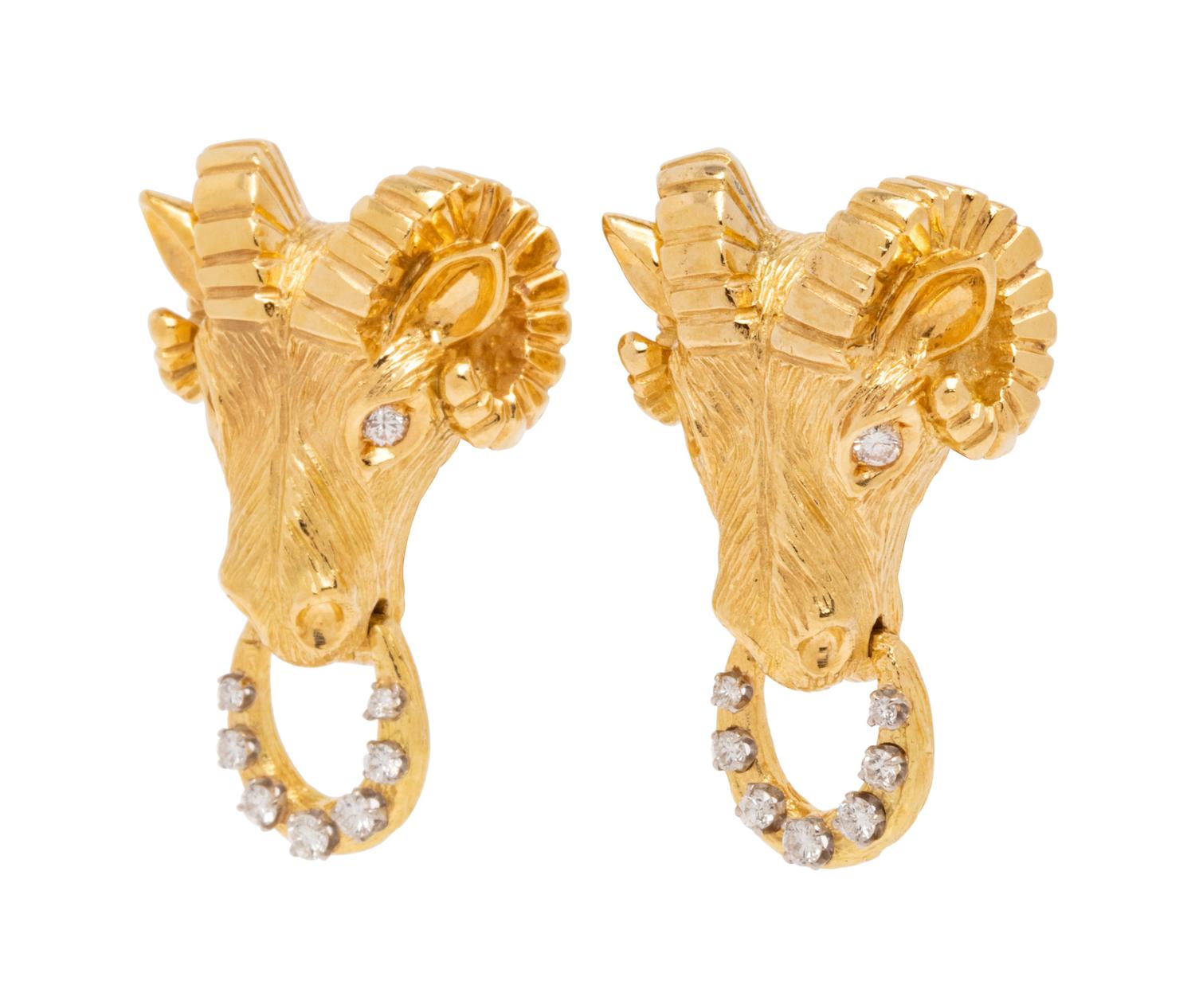 Van Cleef & Arpels, Diamond and Yellow Gold Ram's Head Earclips