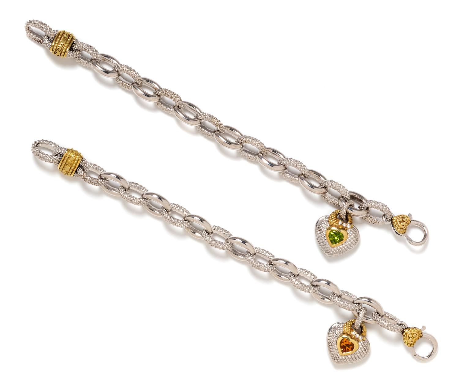A Pair of Sterling Silver, 18 Karat Yellow Gold, Golden Quartz, Peridot and Diamond Bracelets, Judith Ripka, 89.50 dwts.