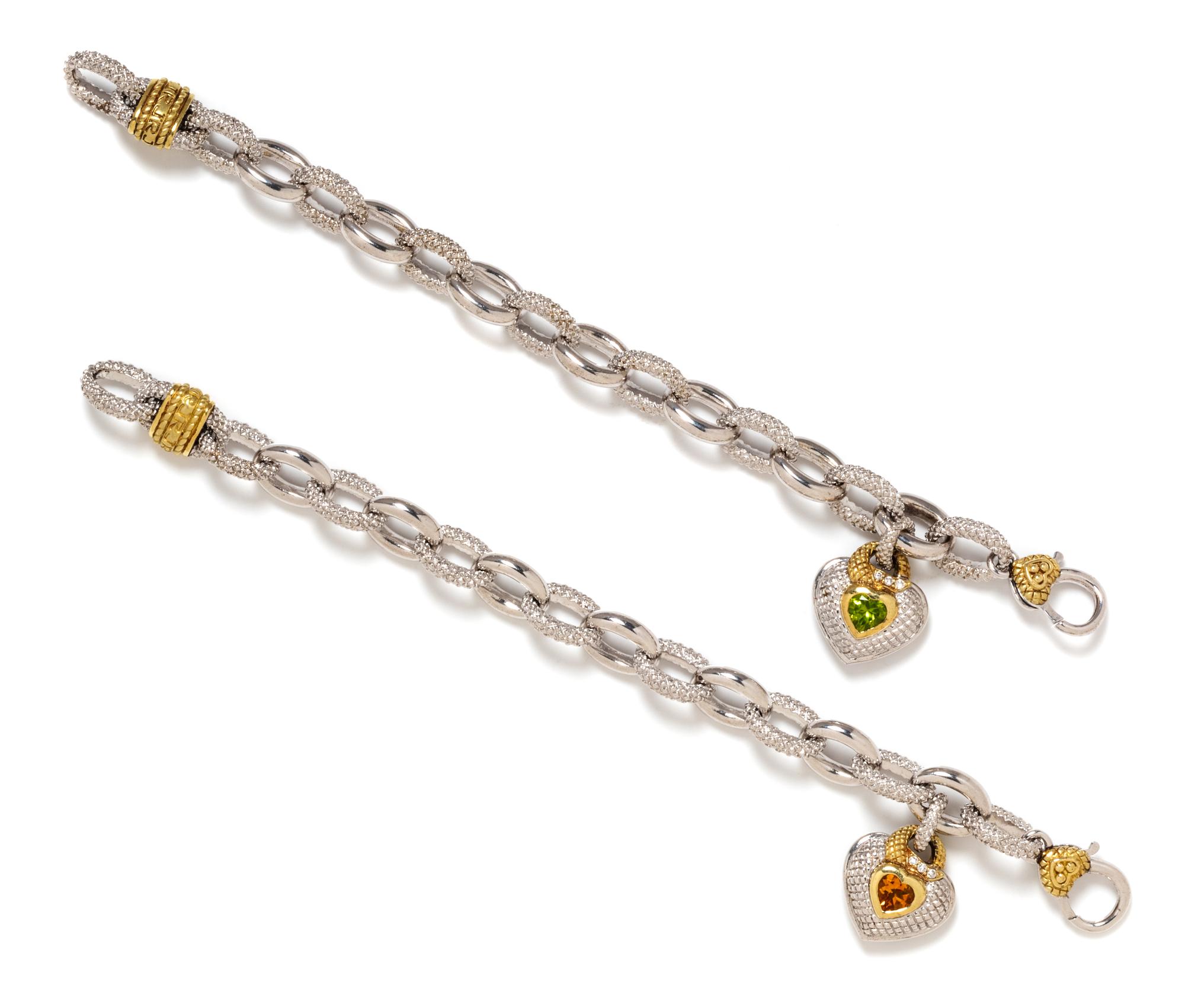 A Pair of Sterling Silver, 18 Karat Yellow Gold, Golden Quartz, Peridot and Diamond Bracelets, Judith Ripka, 89.50 dwts.