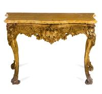A Pair of Rococo Style Giltwood Console Tables Height 37 x width 58 x depth 26 inches. — 18TH CENTURY