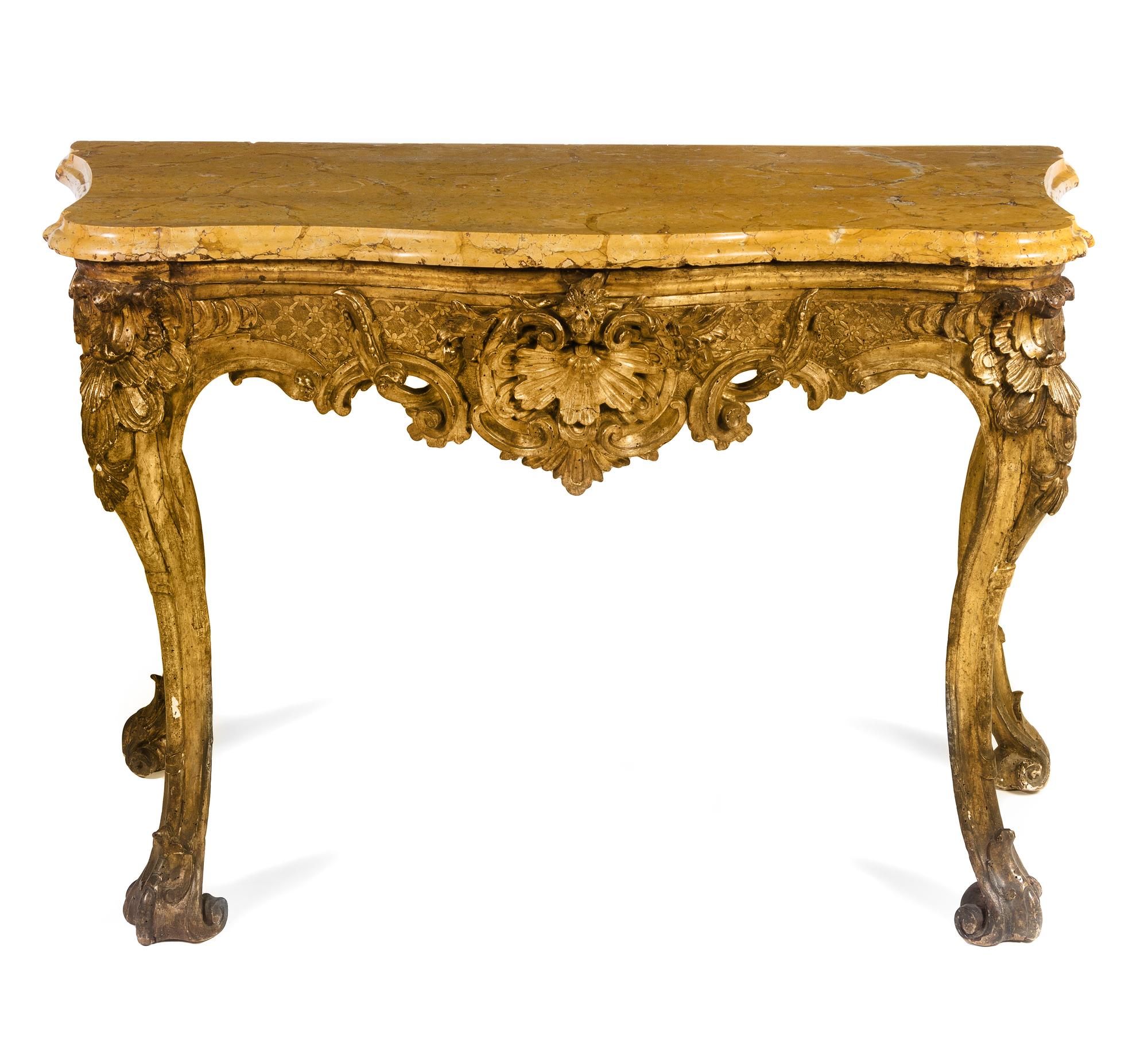 A Pair of Rococo Style Giltwood Console Tables Height 37 x width 58 x depth 26 inches. — 18TH CENTURY
