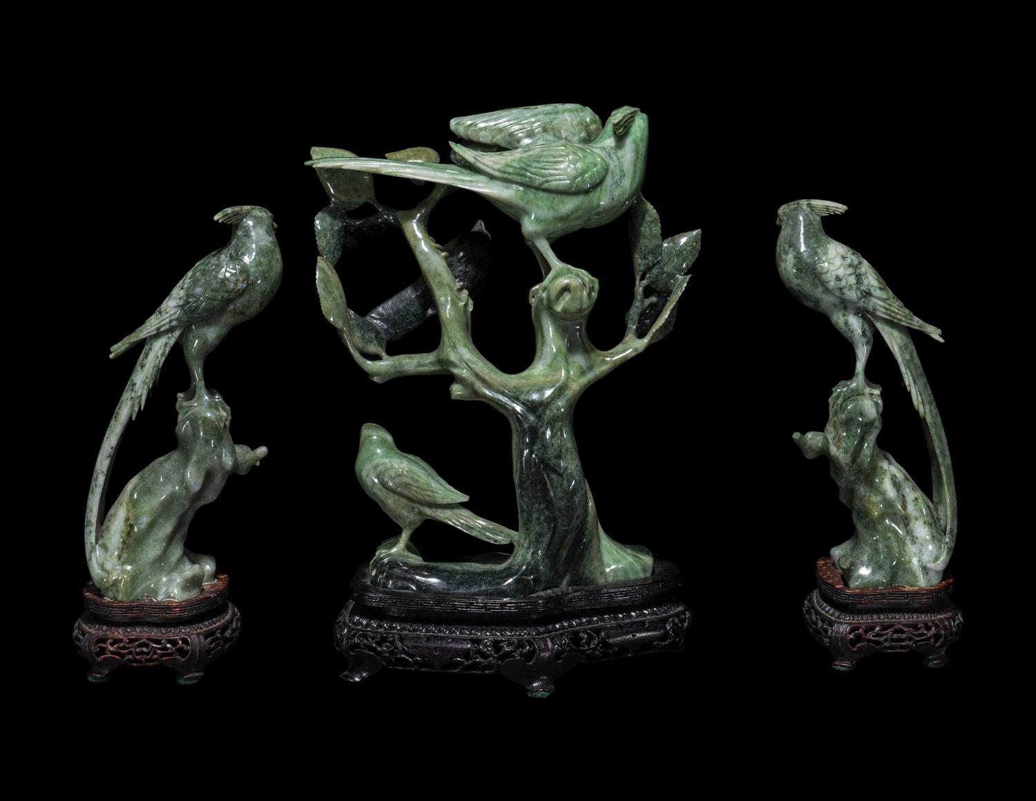 Three Chinese Green Jadeite Figures of Birds