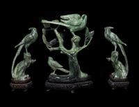 Three Chinese Green Jadeite Figures of Birds