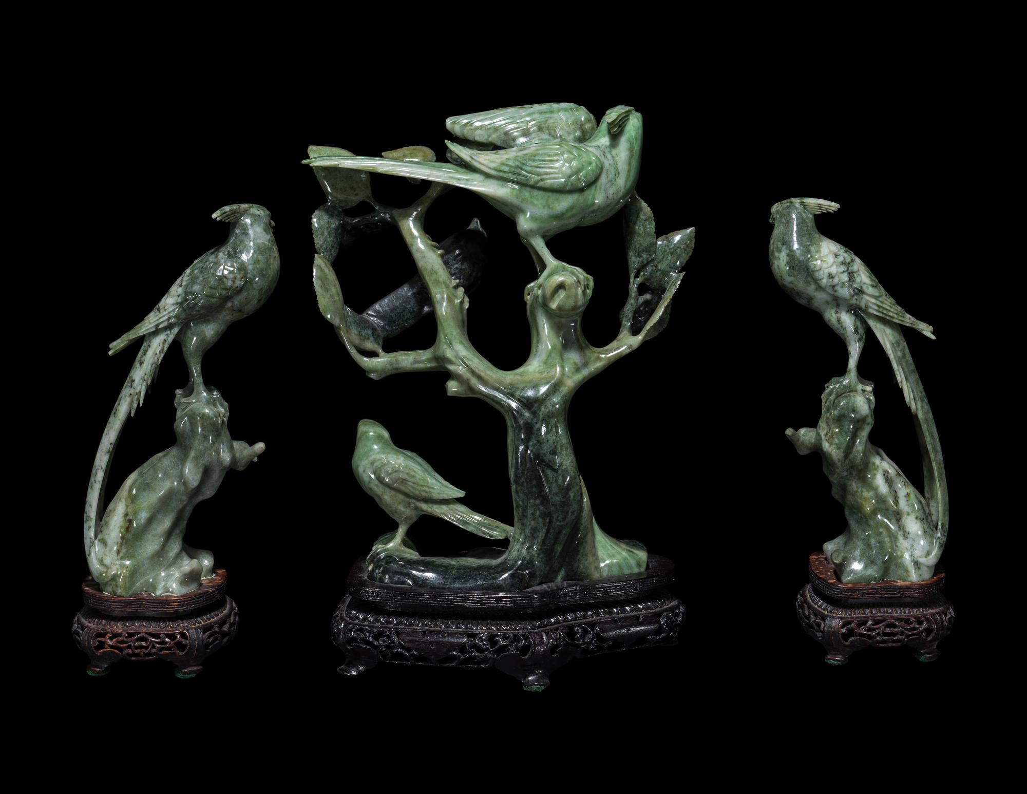 Three Chinese Green Jadeite Figures of Birds
