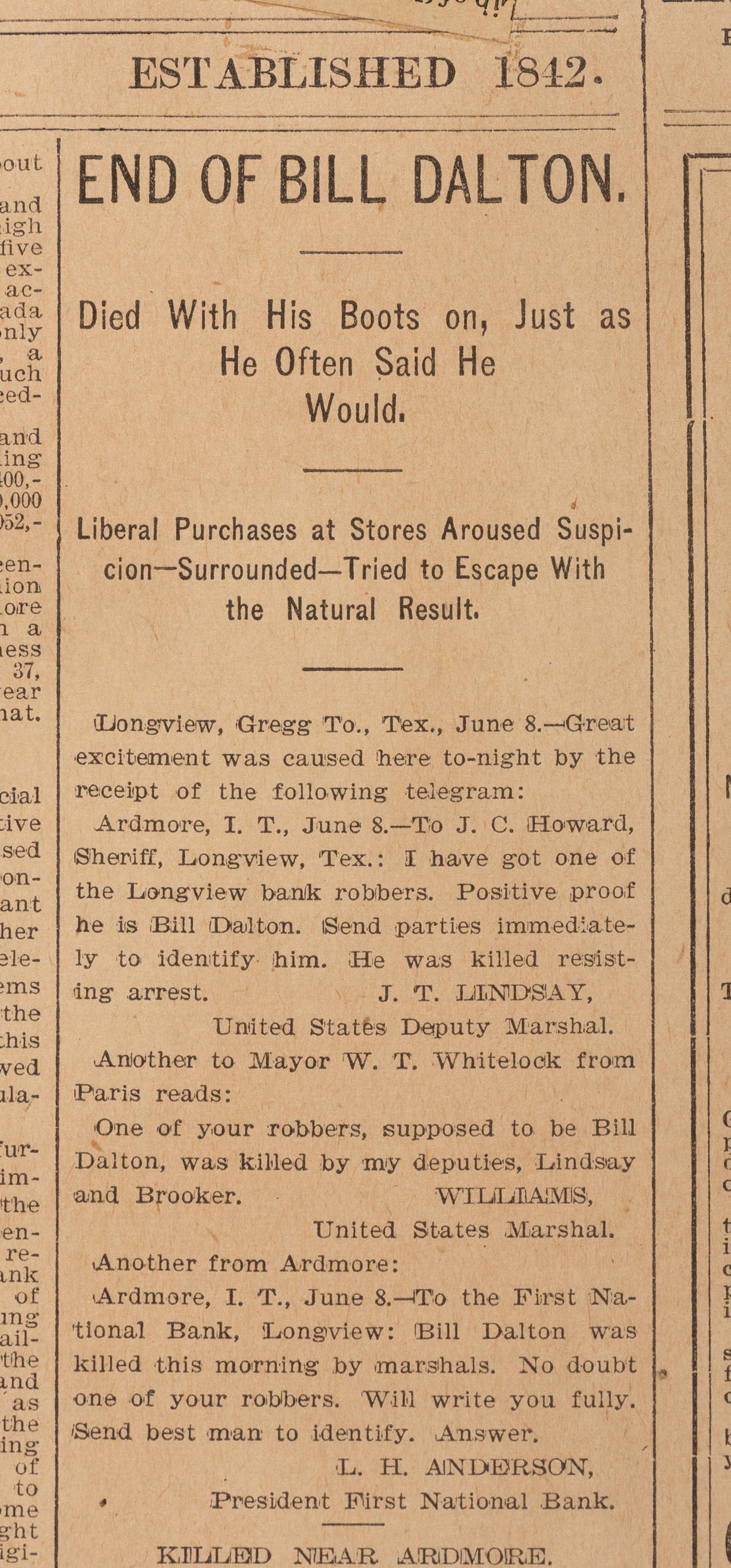 [OUTLAWS & LAWMEN]. Galveston Daily News . Front-page report of the "End of Bill Dalton."