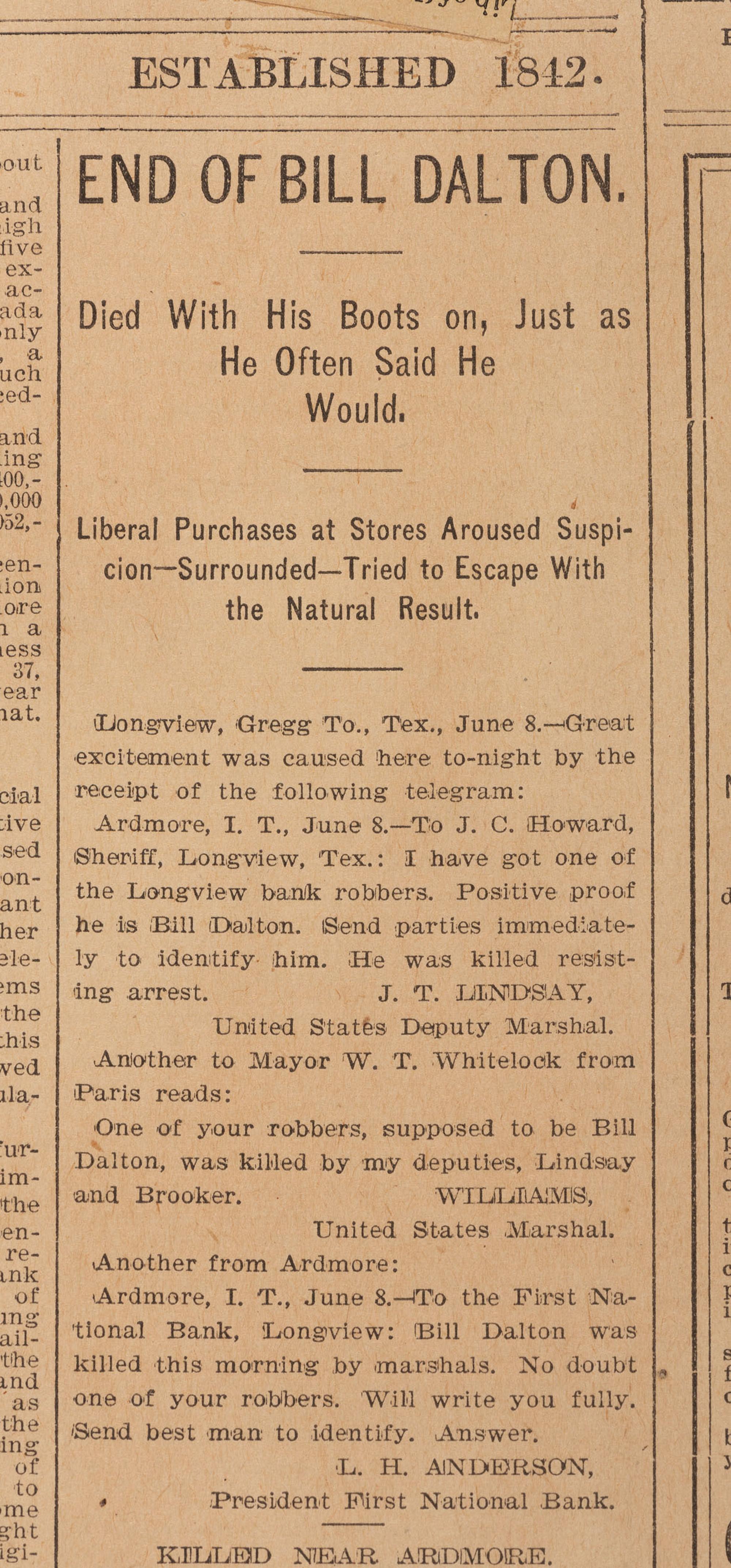 [OUTLAWS & LAWMEN]. Galveston Daily News . Front-page report of the "End of Bill Dalton."