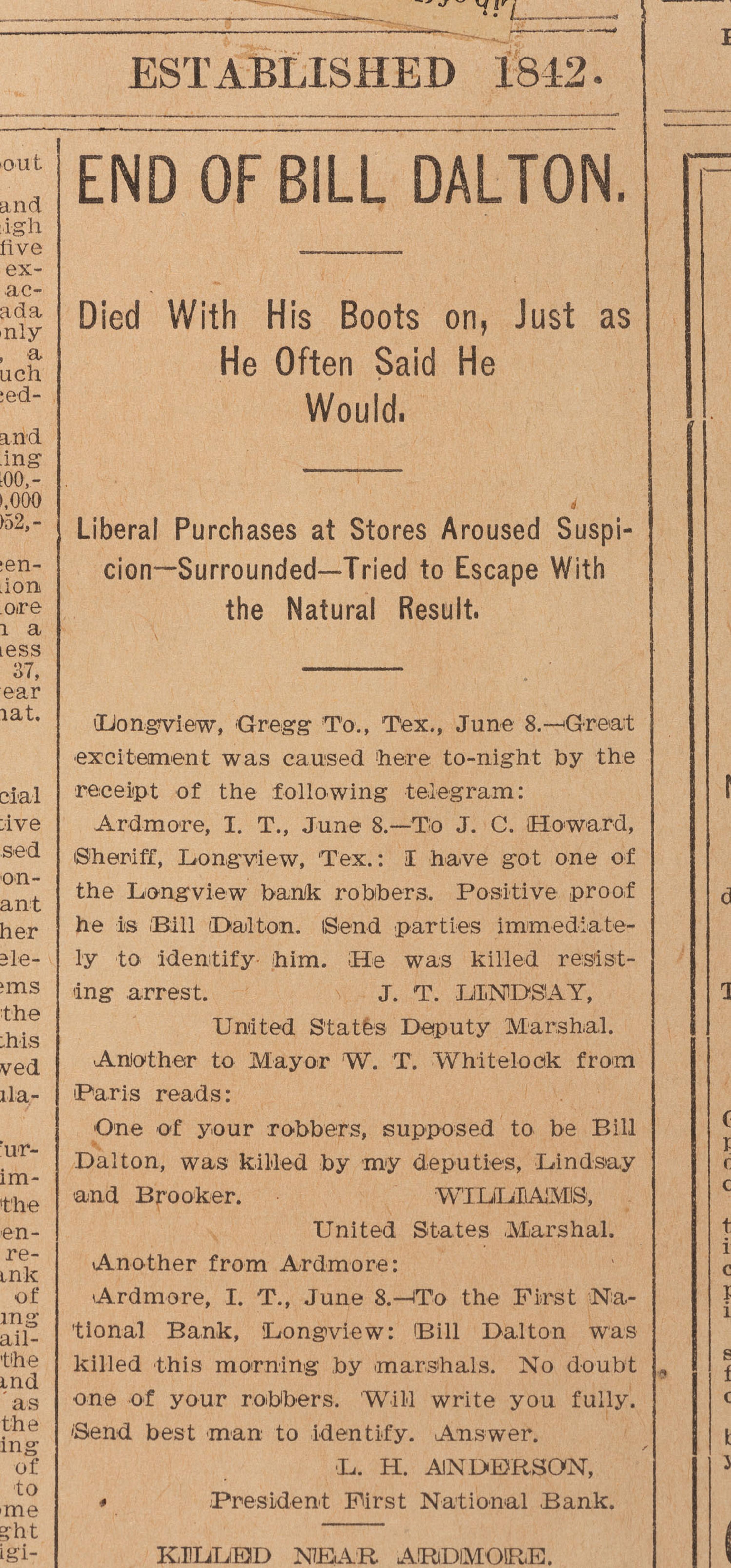 [OUTLAWS & LAWMEN]. Galveston Daily News . Front-page report of the "End of Bill Dalton."