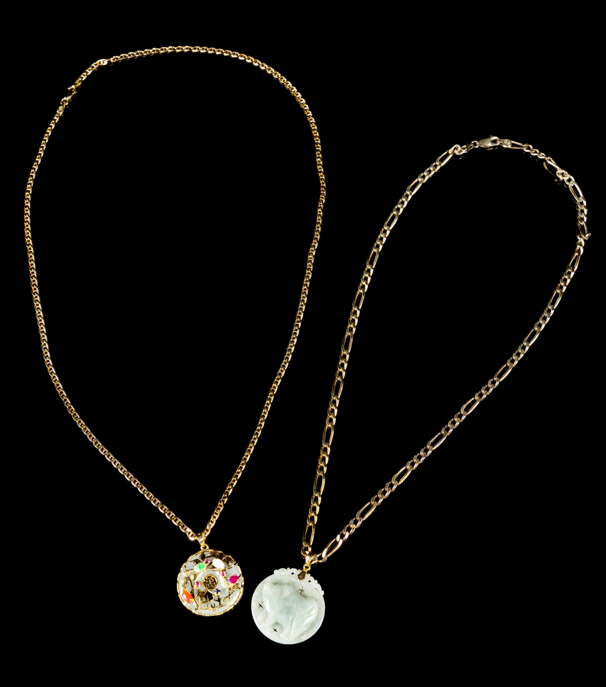 Two Chinese Jadeite and Gilt-Silver Necklaces