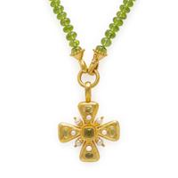Elizabeth Locke, Peridot, Cultured Pearl, and Yellow Gold Maltese Cross Pendant Necklace