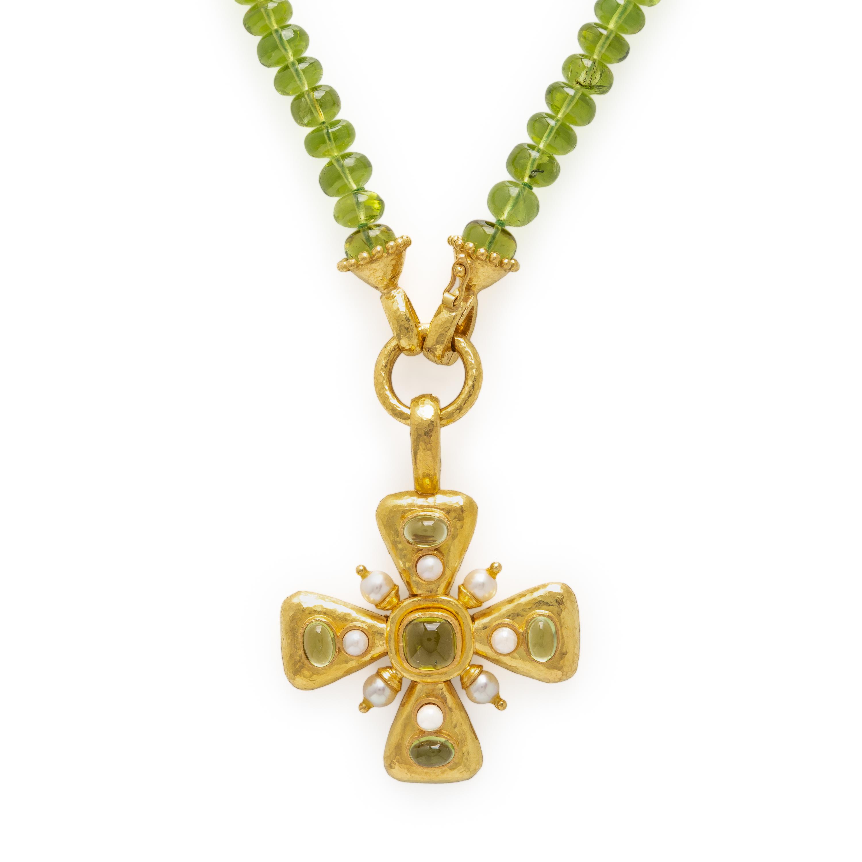 Elizabeth Locke, Peridot, Cultured Pearl, and Yellow Gold Maltese Cross Pendant Necklace