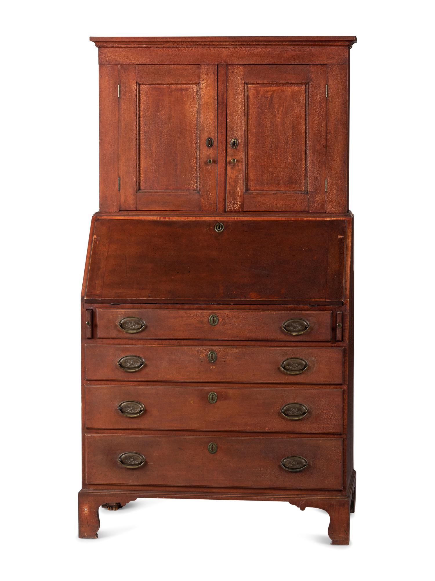 A Federal Red-Painted Maple or Cherrywood Desk-and Bookcase
