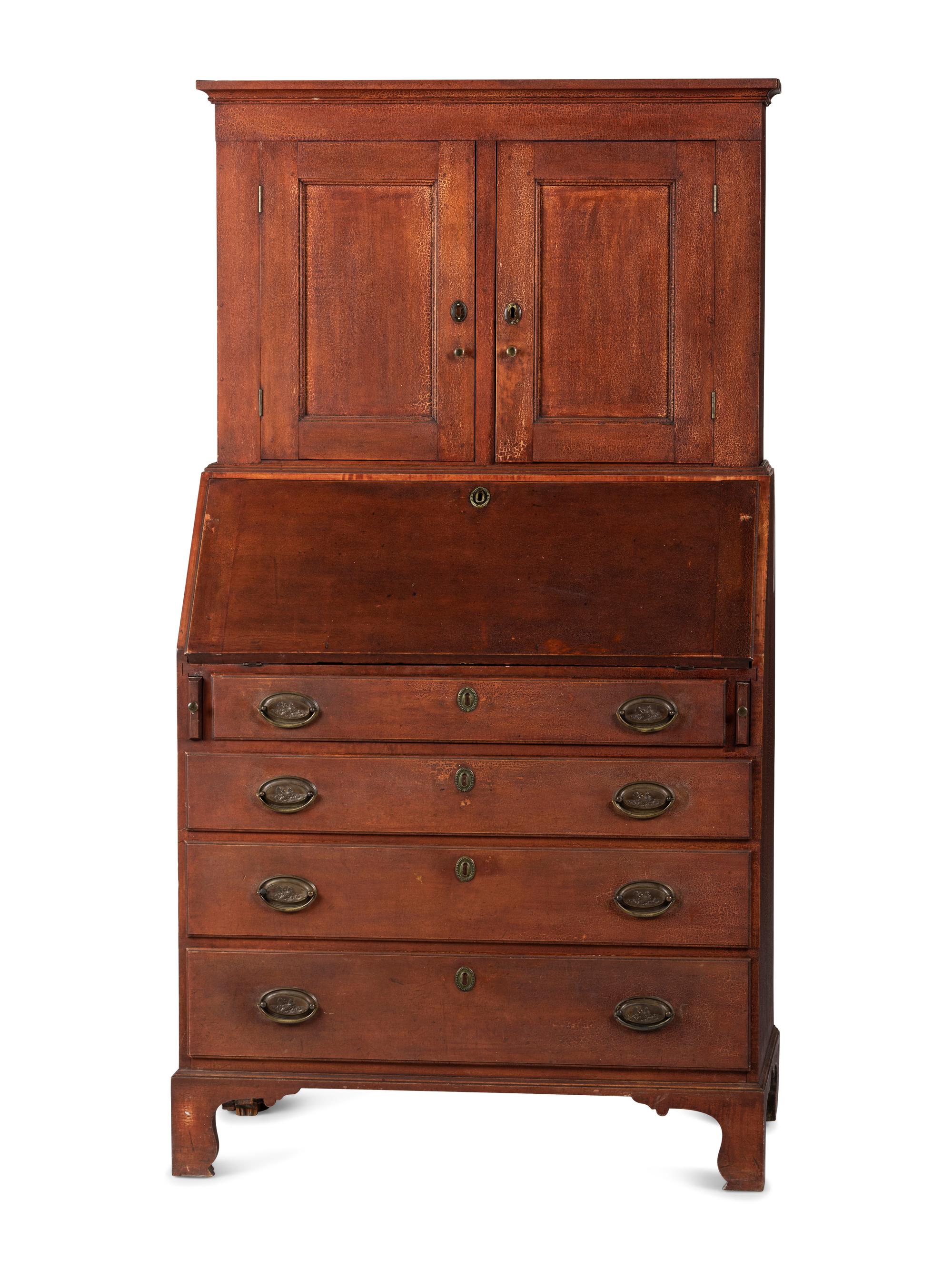A Federal Red-Painted Maple or Cherrywood Desk-and Bookcase