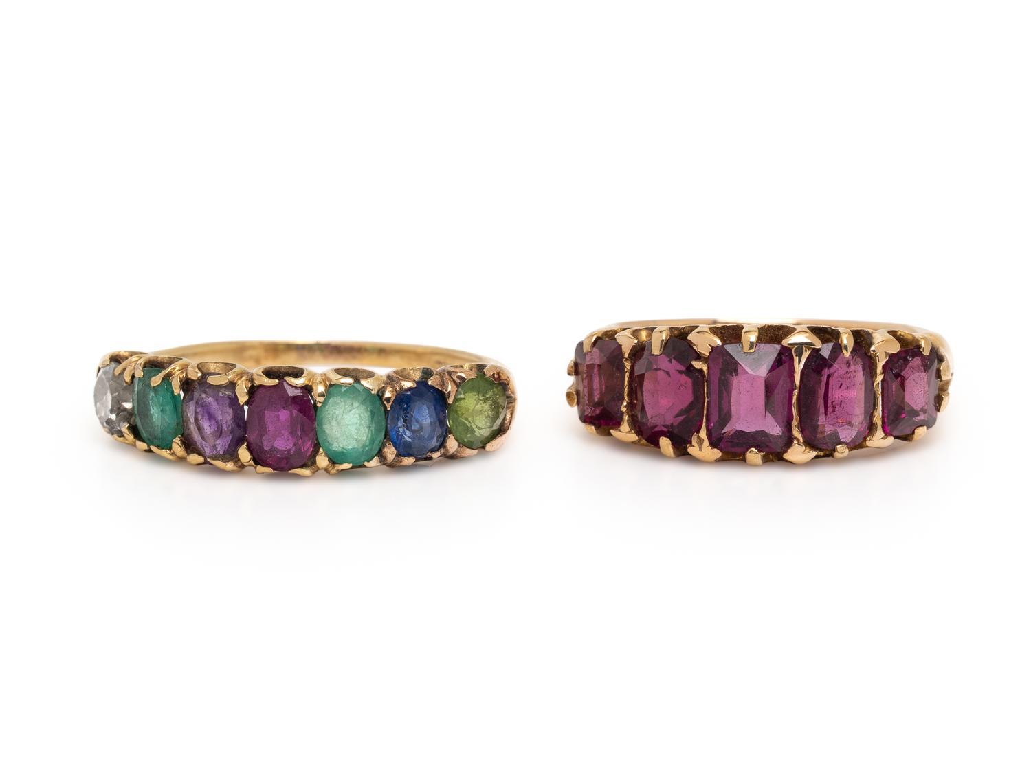 ANTIQUE, TWO YELLOW GOLD AND MULTIGEM RINGS