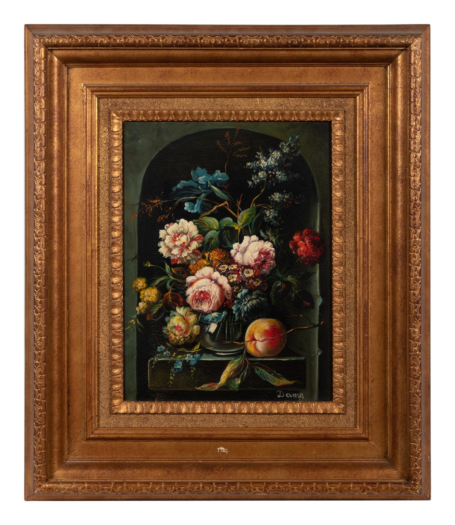 Still Lifes with Flowers and a Peach (a pair of works)