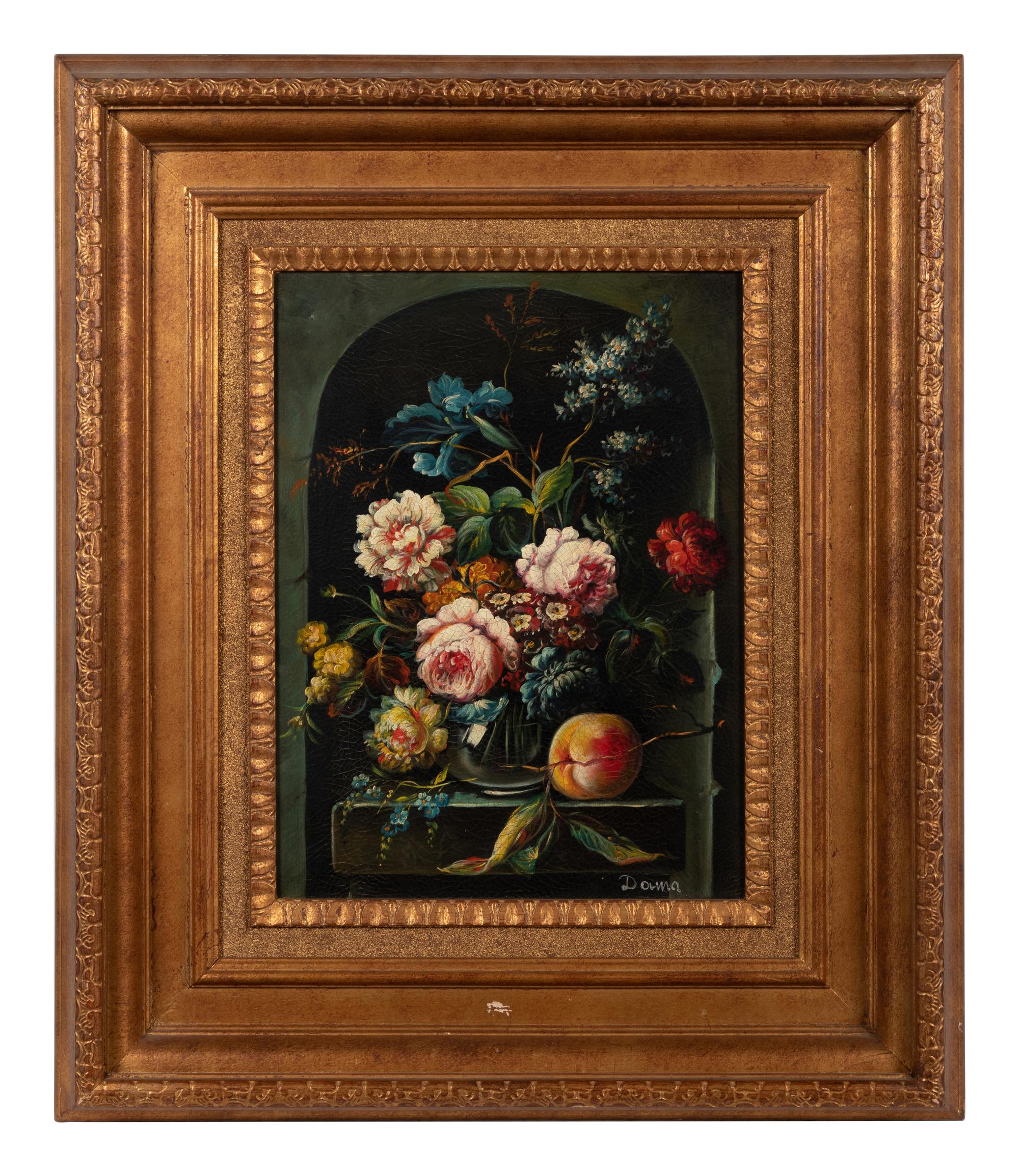 Still Lifes with Flowers and a Peach (a pair of works)