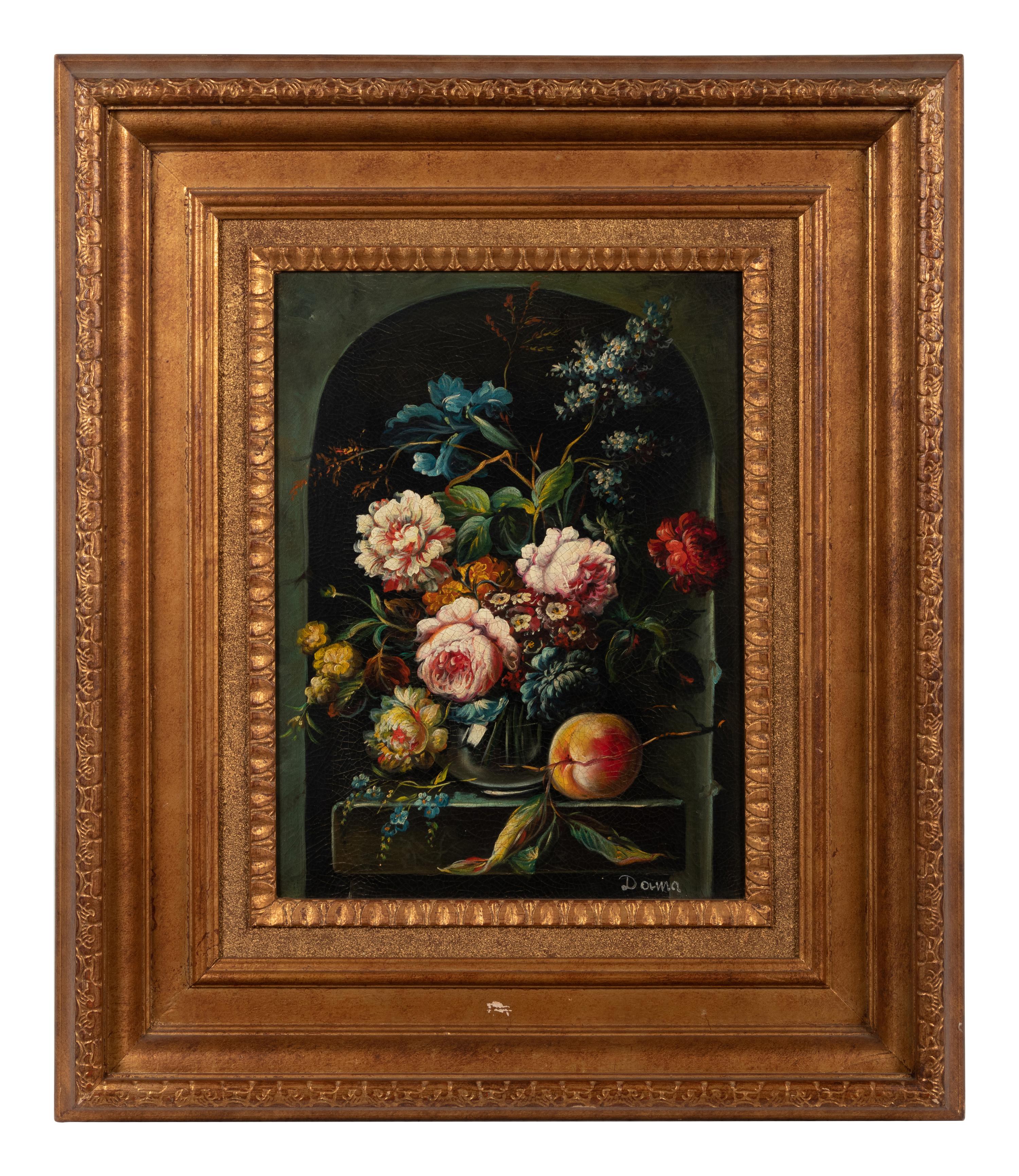 Still Lifes with Flowers and a Peach (a pair of works)