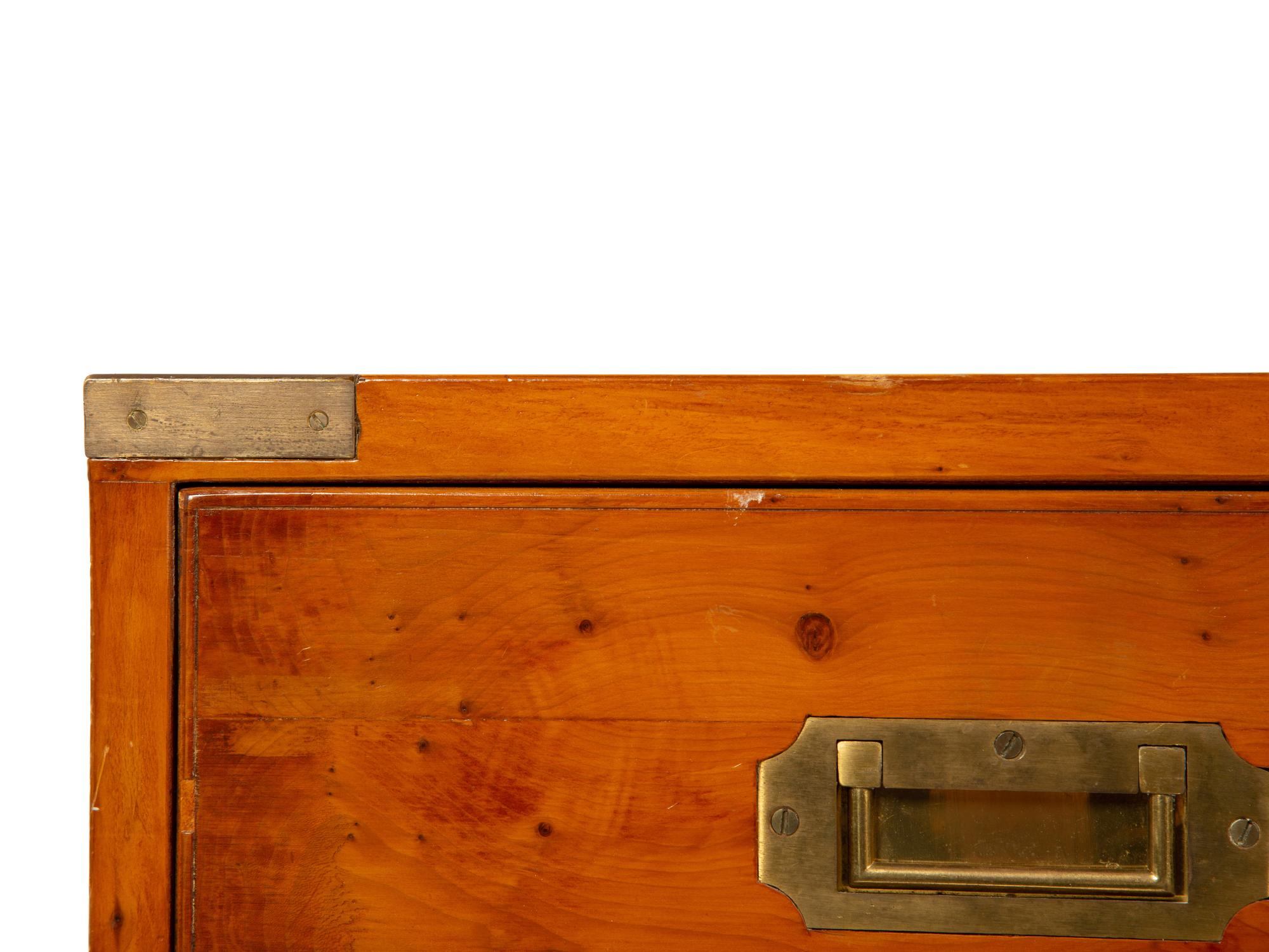 An English Burl Yew and Walnut Brass Mounted Two-Part Campaign Chest of Drawers — 20TH CENTURY