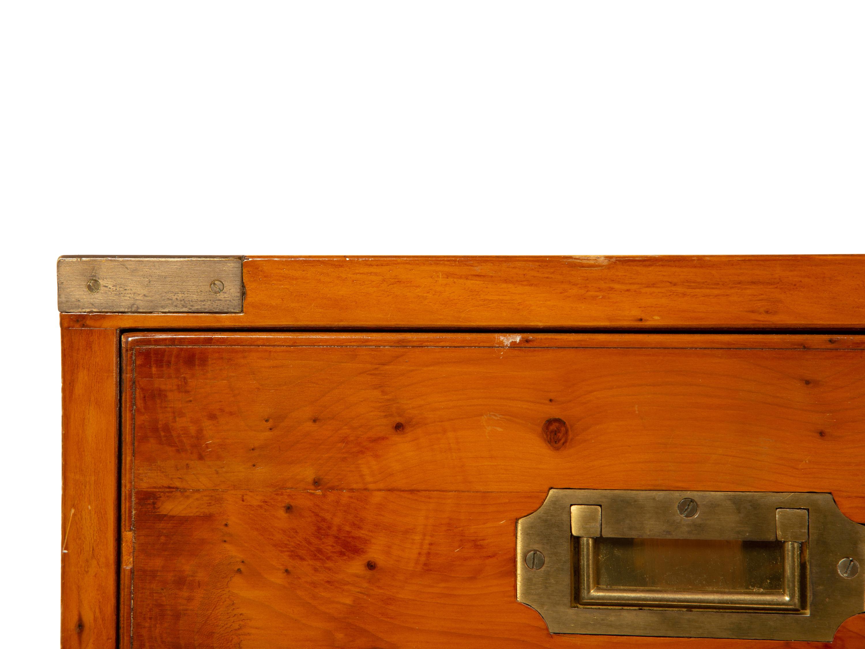 An English Burl Yew and Walnut Brass Mounted Two-Part Campaign Chest of Drawers — 20TH CENTURY