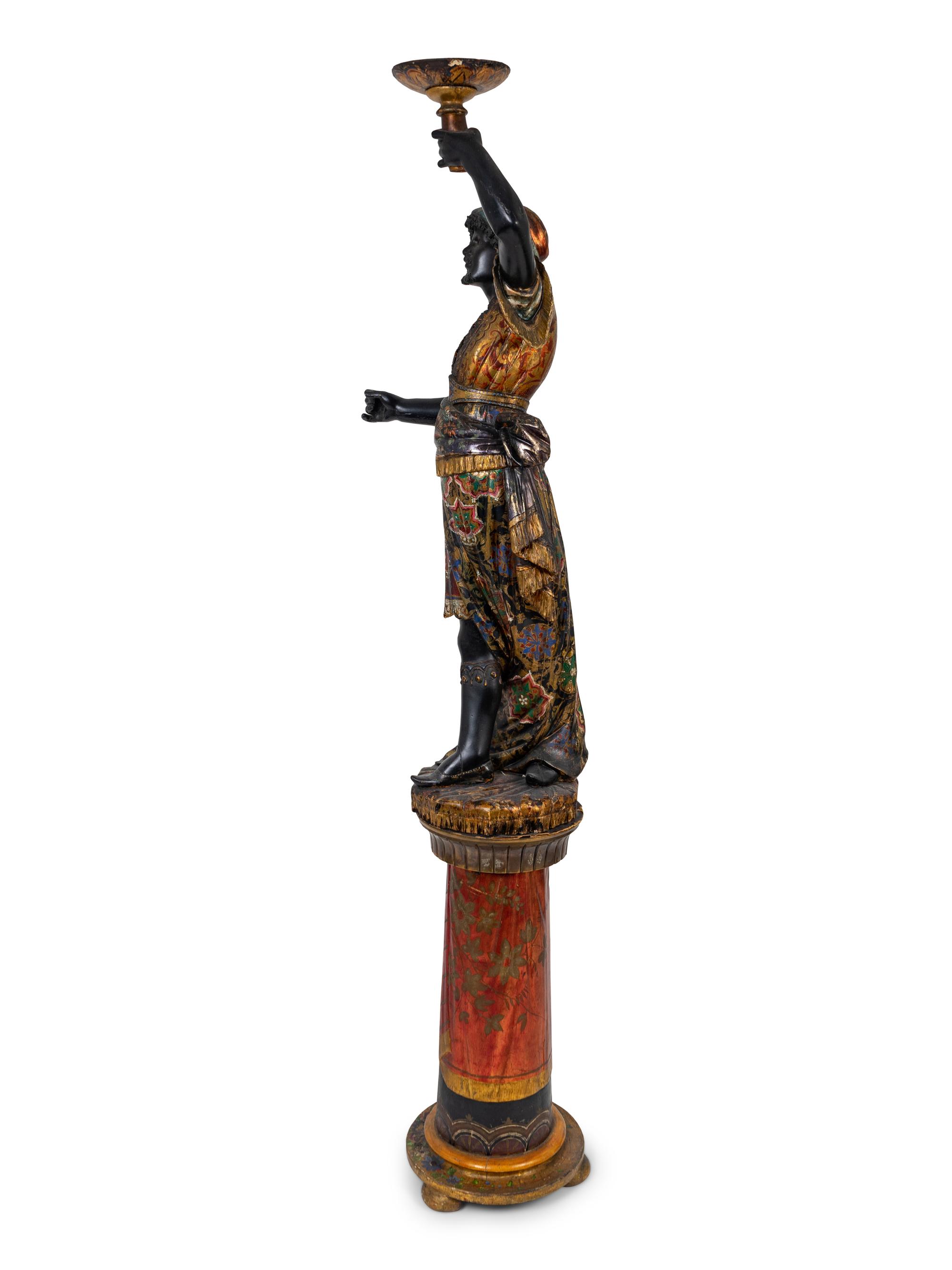 An Italian Carved and Painted Torchere of a Moor on a Pedestal Base — 19TH CENTURY