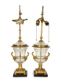 A Pair of Continental Gilt Bronze and Cut Glass Urns Mounted as Lamps