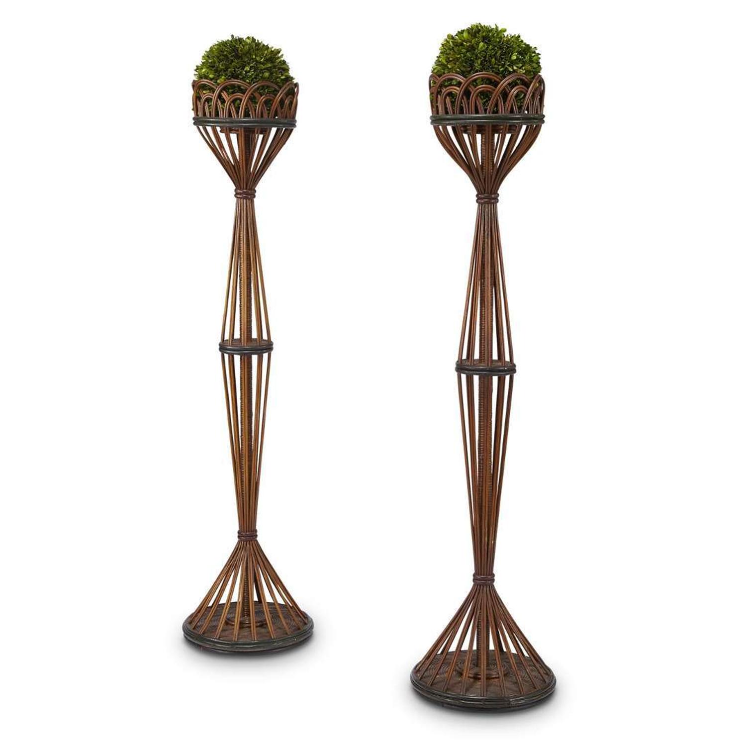A pair of tall polychrome painted rattan plant stands american, circa 1920