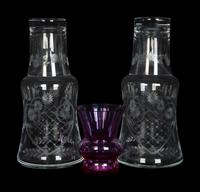 A Pair of Etched Glass Bedside Carafes and a Baccarat Bud Vase