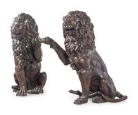 A Pair of Patinated Bronze Lions