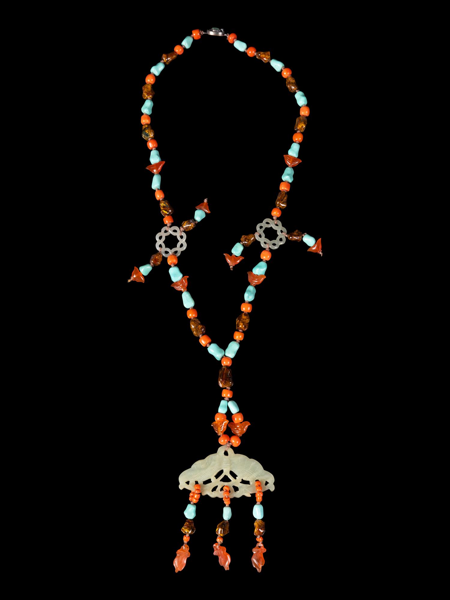 A Chinese Pale Celadon Jade and Hardstone Necklace