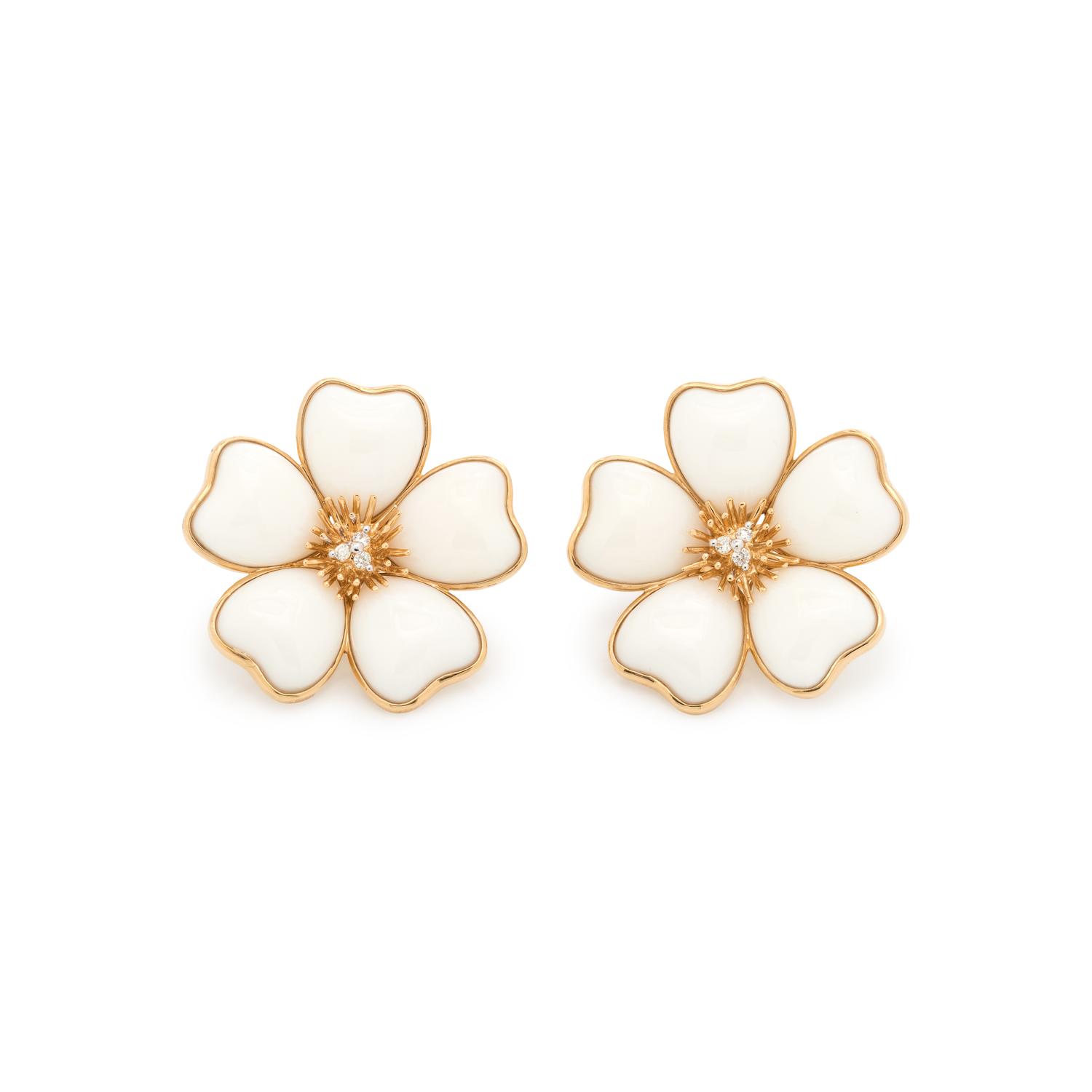 CORAL AND DIAMOND FLOWER EARCLIPS