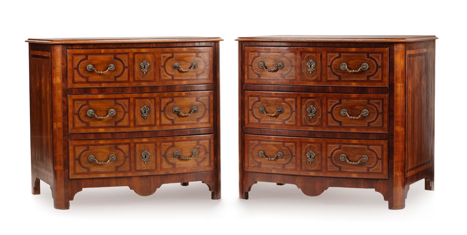 A Pair of Regence Style Various Wood Commodes Height 34 1/2 x width 38 x depth 28 inches.