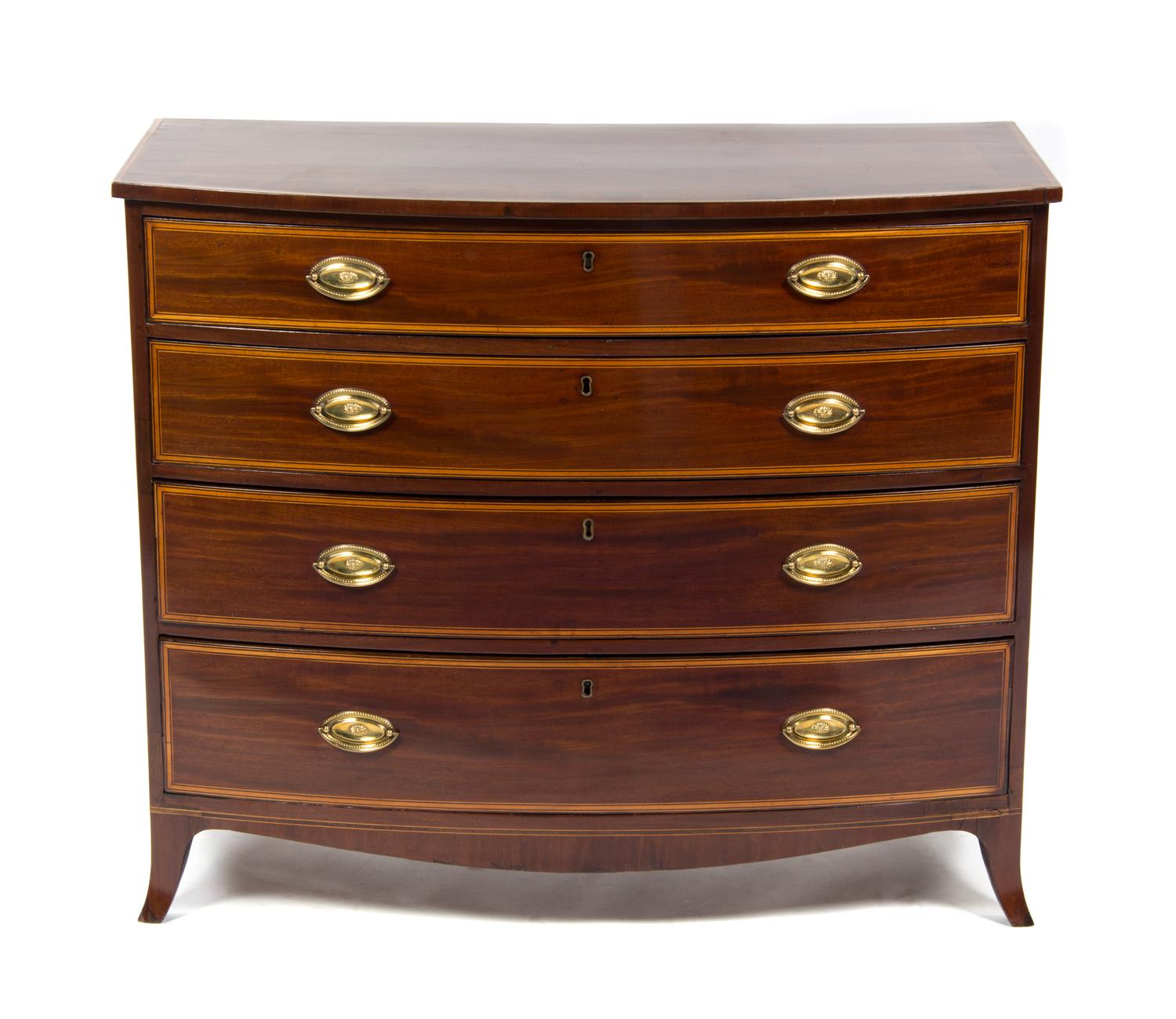 A Regency Satinwood Banded Mahogany Chest of Drawers, LATE 18TH/EARLY 19TH CENTURY, Height 36 x width 43 x depth 20 inches. — LATE 18TH/EARLY 19TH CENTURY,
