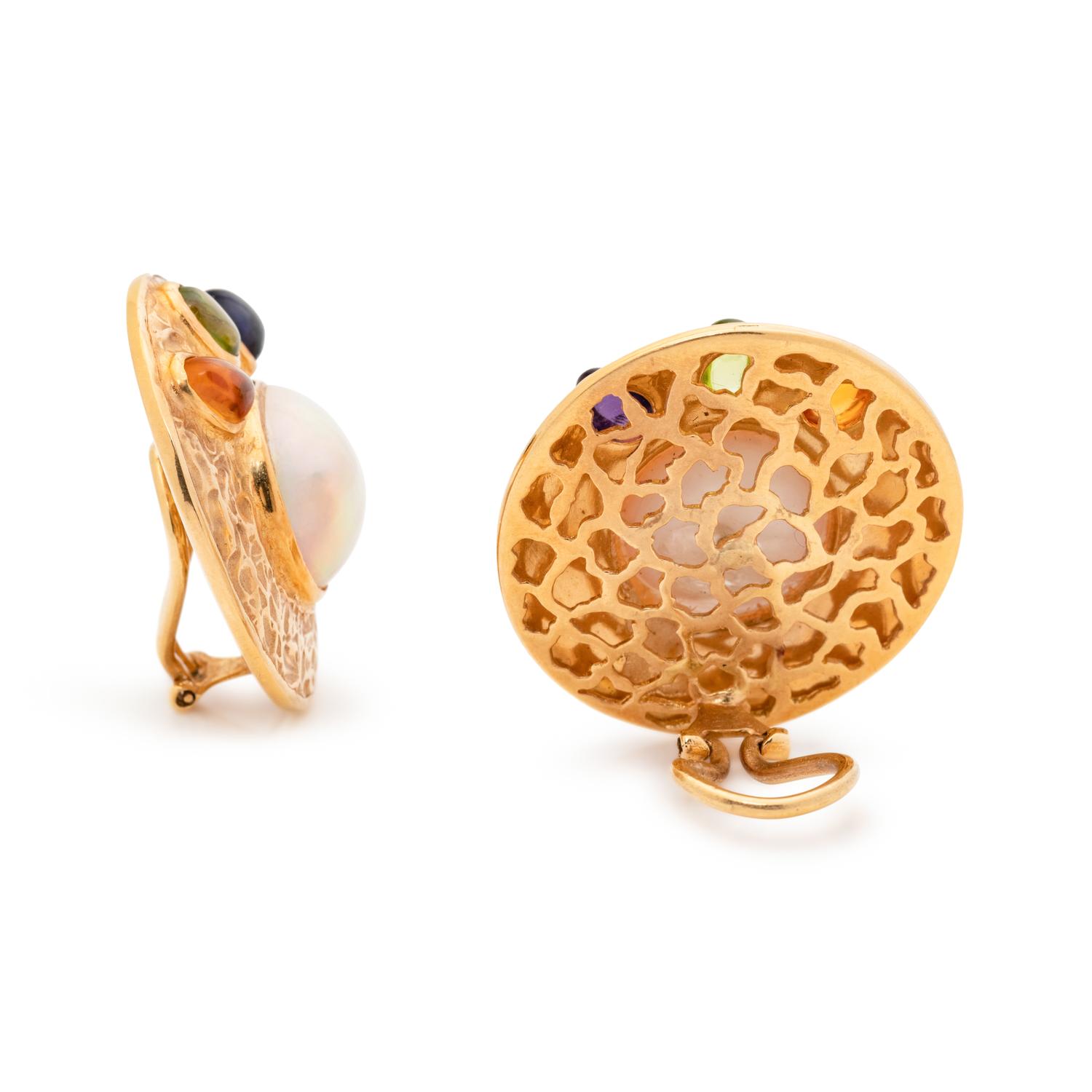 YELLOW GOLD, CULTURED MABE PEARL AND MULTIGEM EARCLIPS