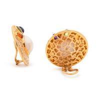 YELLOW GOLD, CULTURED MABE PEARL AND MULTIGEM EARCLIPS