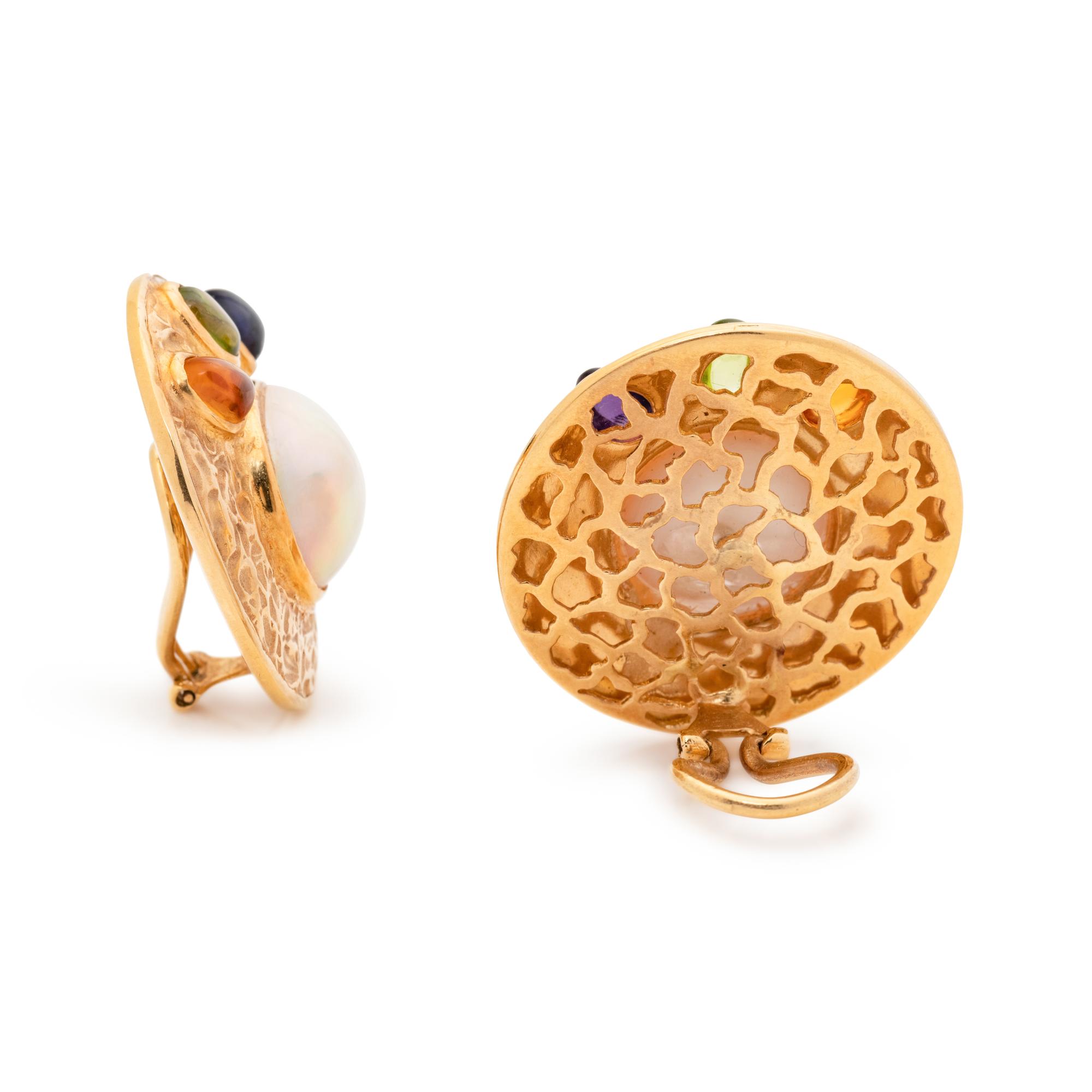 YELLOW GOLD, CULTURED MABE PEARL AND MULTIGEM EARCLIPS