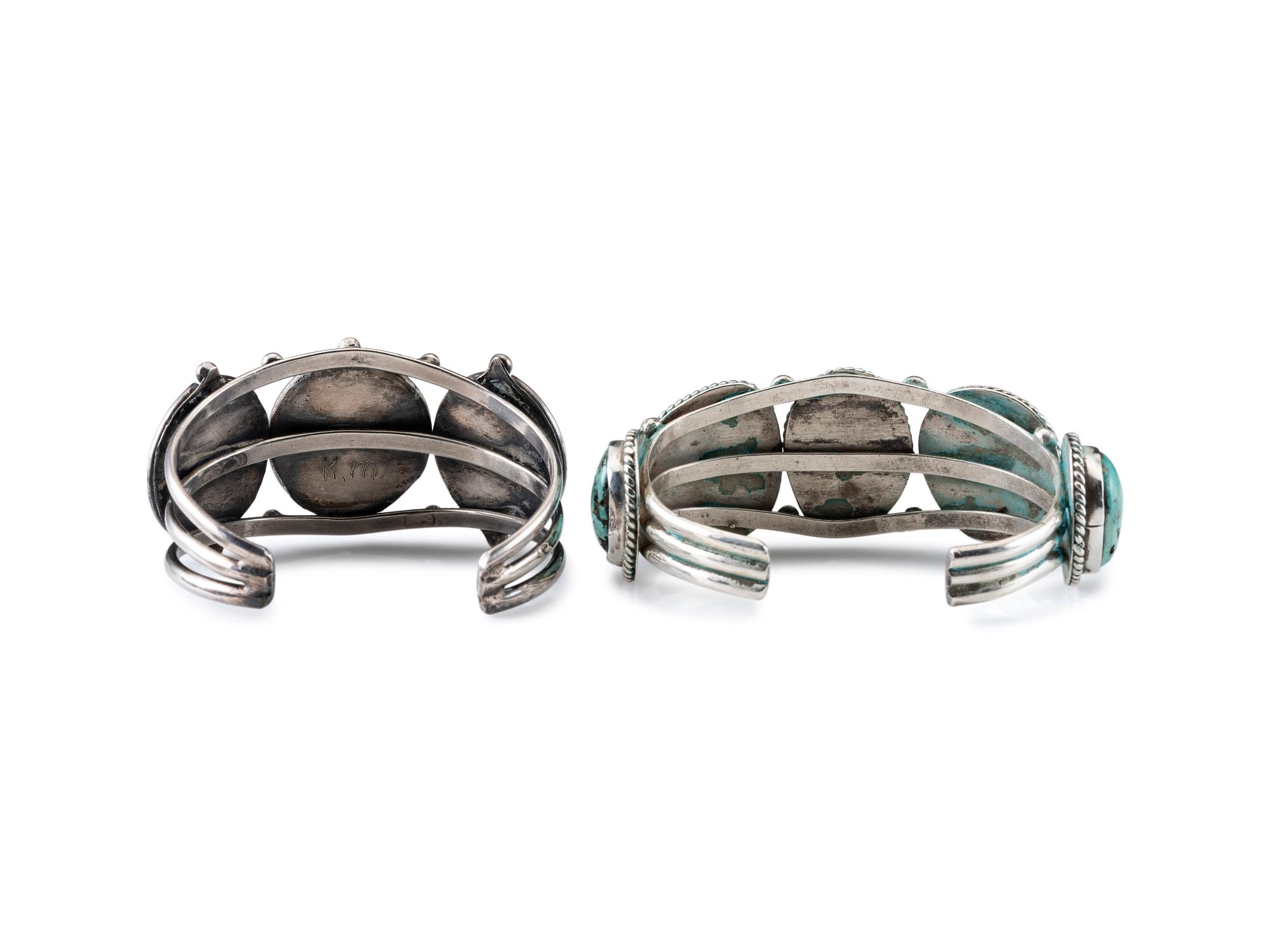 Navajo Silver Wire Cuff Bracelets, with a Row of Turquoise