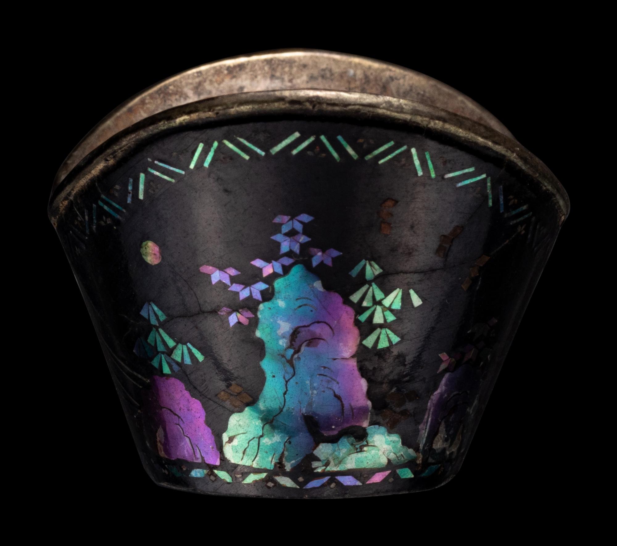 A Set of Six Mother-of-Pearl Inlaid Black Lacquer Ingot-Form Cups