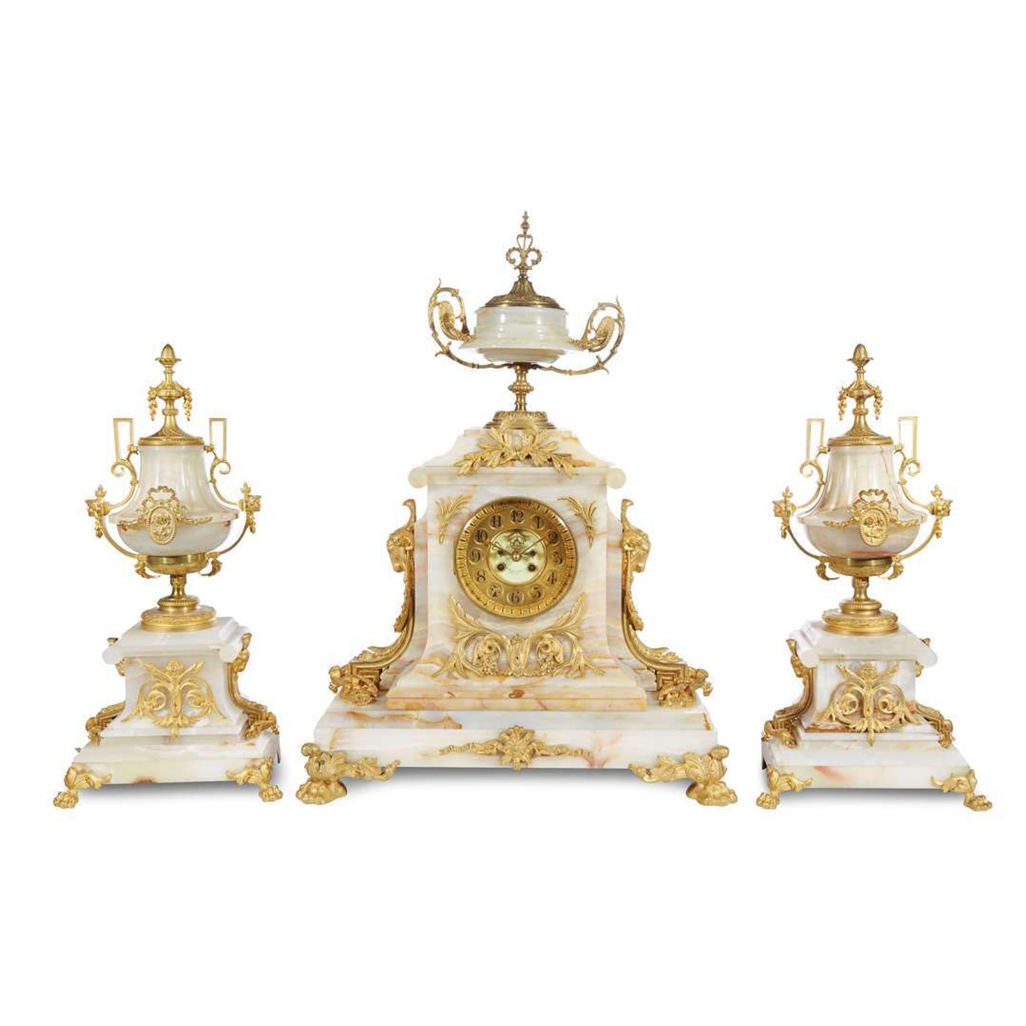 Fine three-piece marble and ormolu clock garniture Retailed by A.B. Griswold & Co., New Orleans, LA, late 19th century