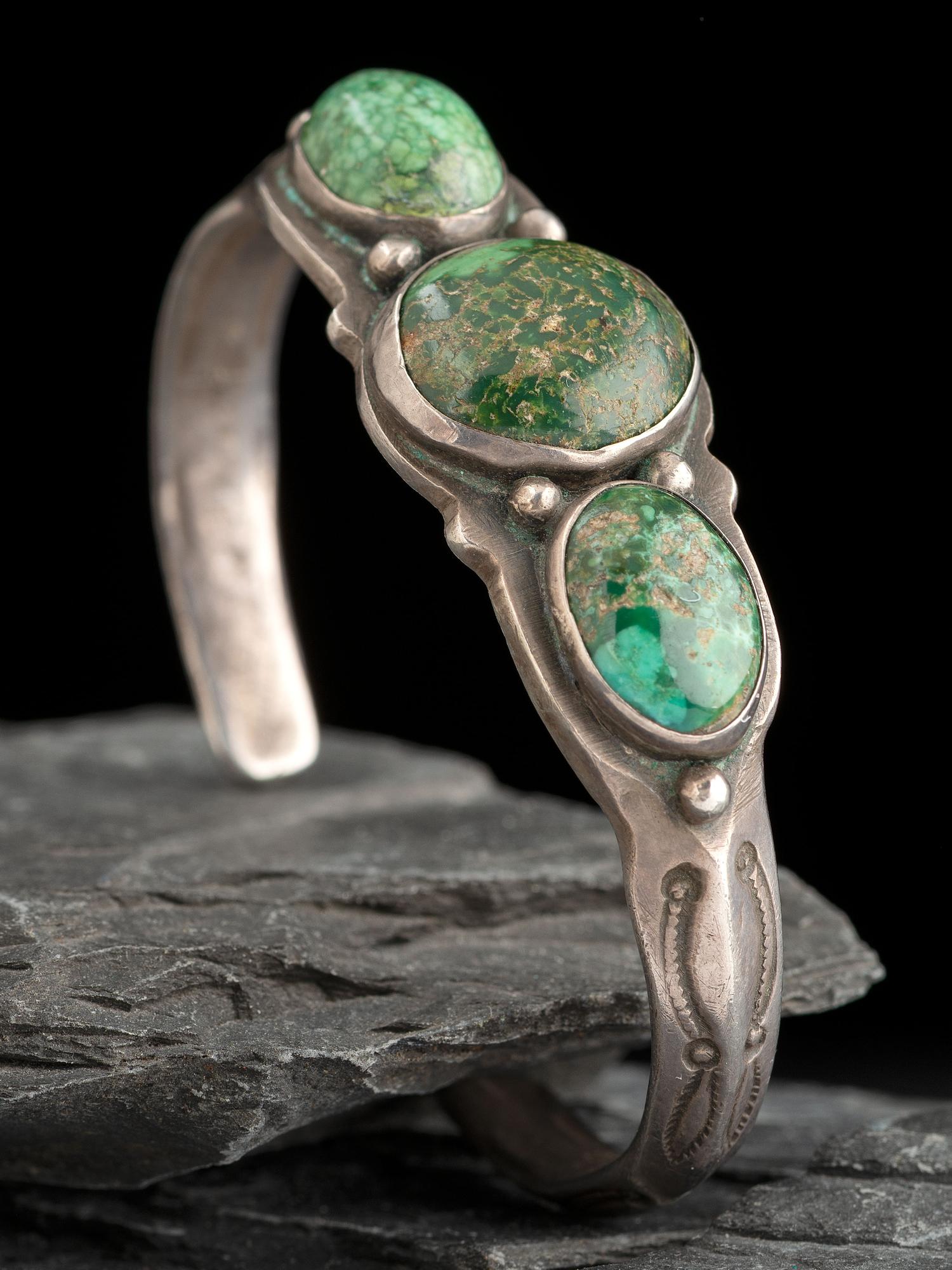Heavy Navajo Carinated Ingot Three Stone Cuff Bracelet