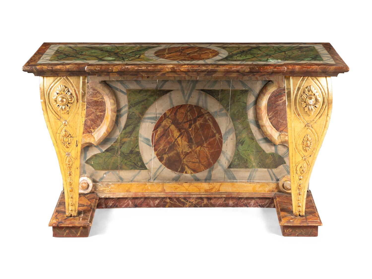 An Italian Parcel Gilt and Faux Marble Painted Console Table